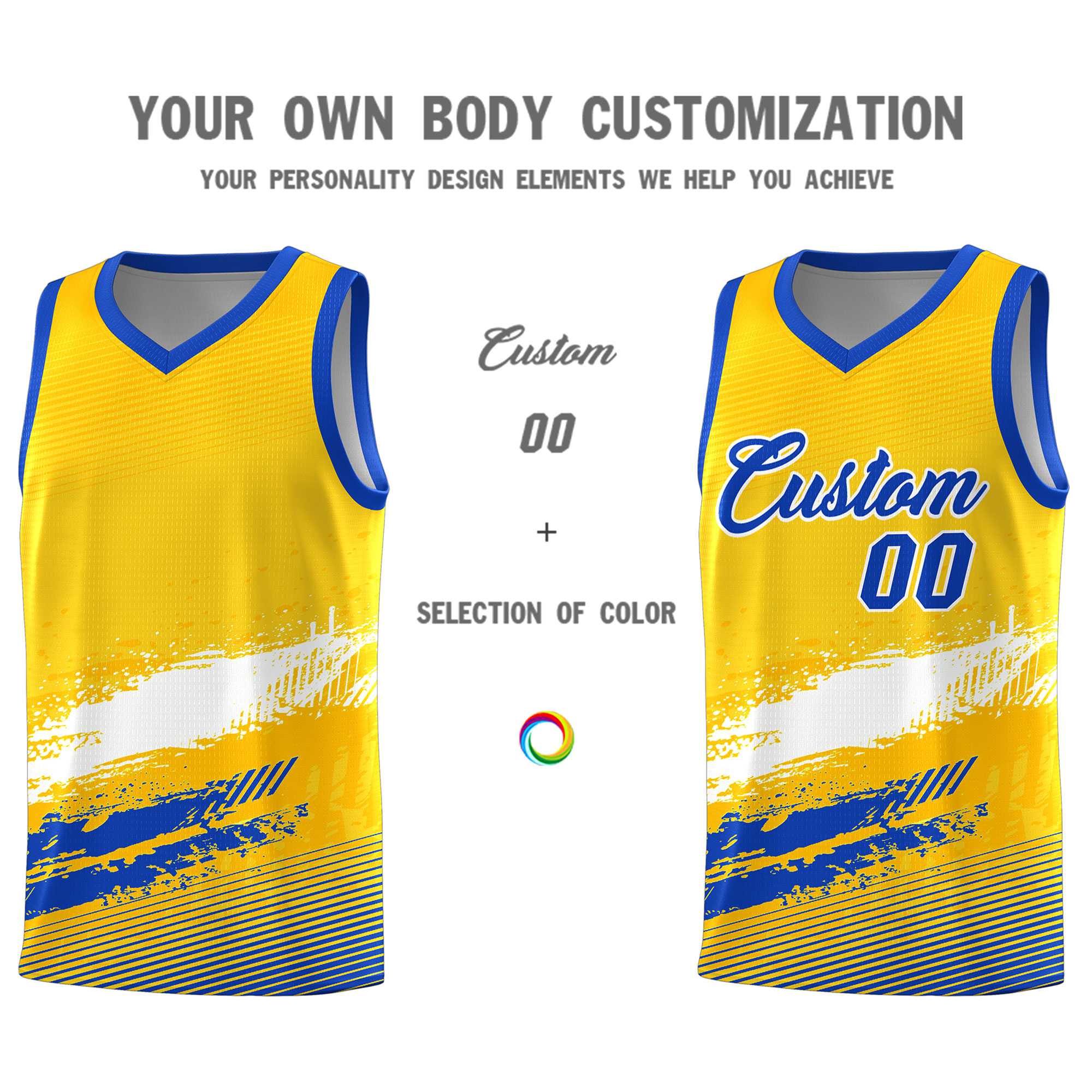 Custom Yellow White and Royal Graffiti Pattern Sports Uniform Basketball Jersey