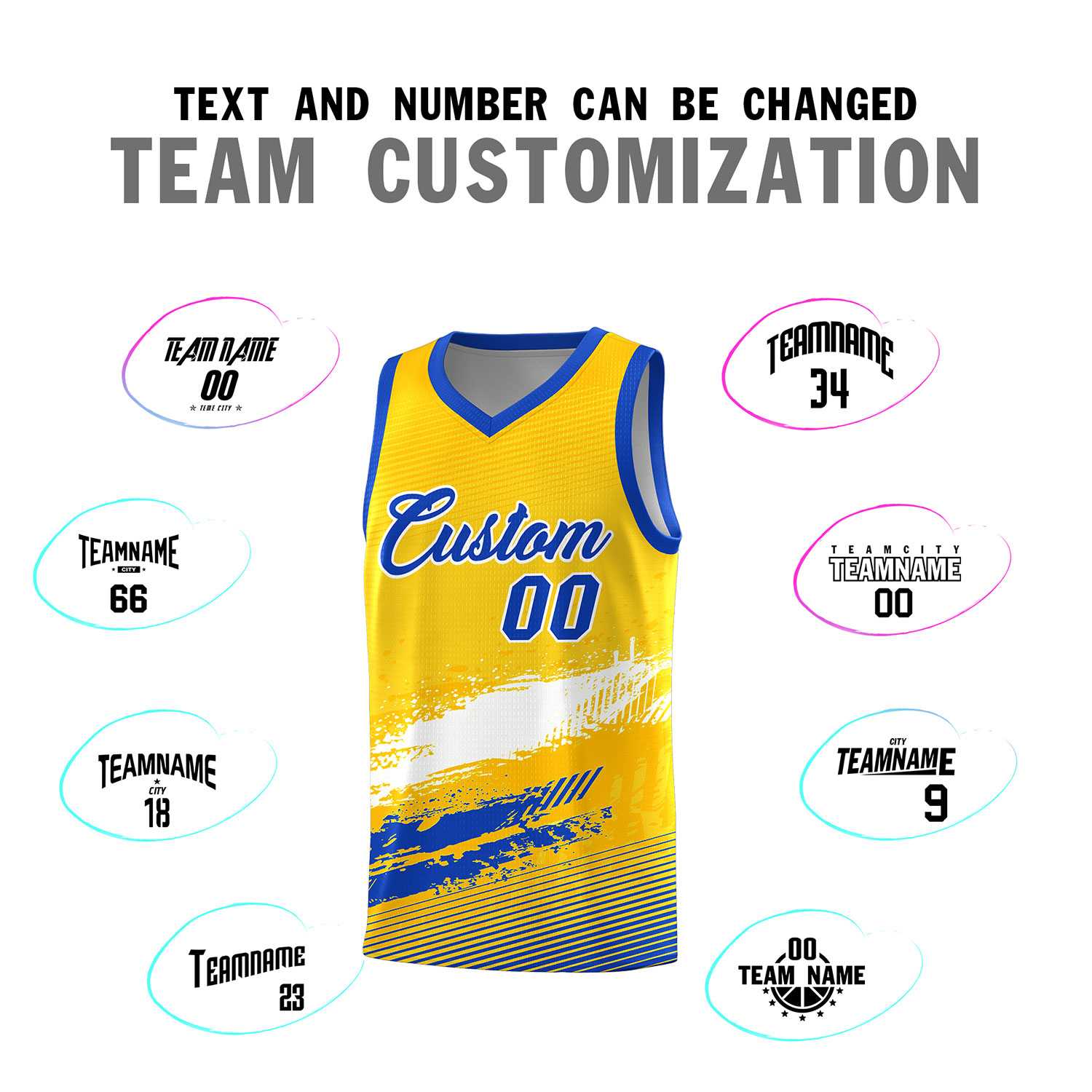 Custom Yellow White and Royal Graffiti Pattern Sports Uniform Basketball Jersey