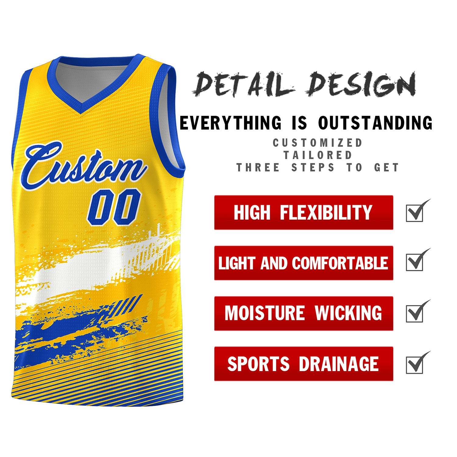 Custom Yellow White and Royal Graffiti Pattern Sports Uniform Basketball Jersey