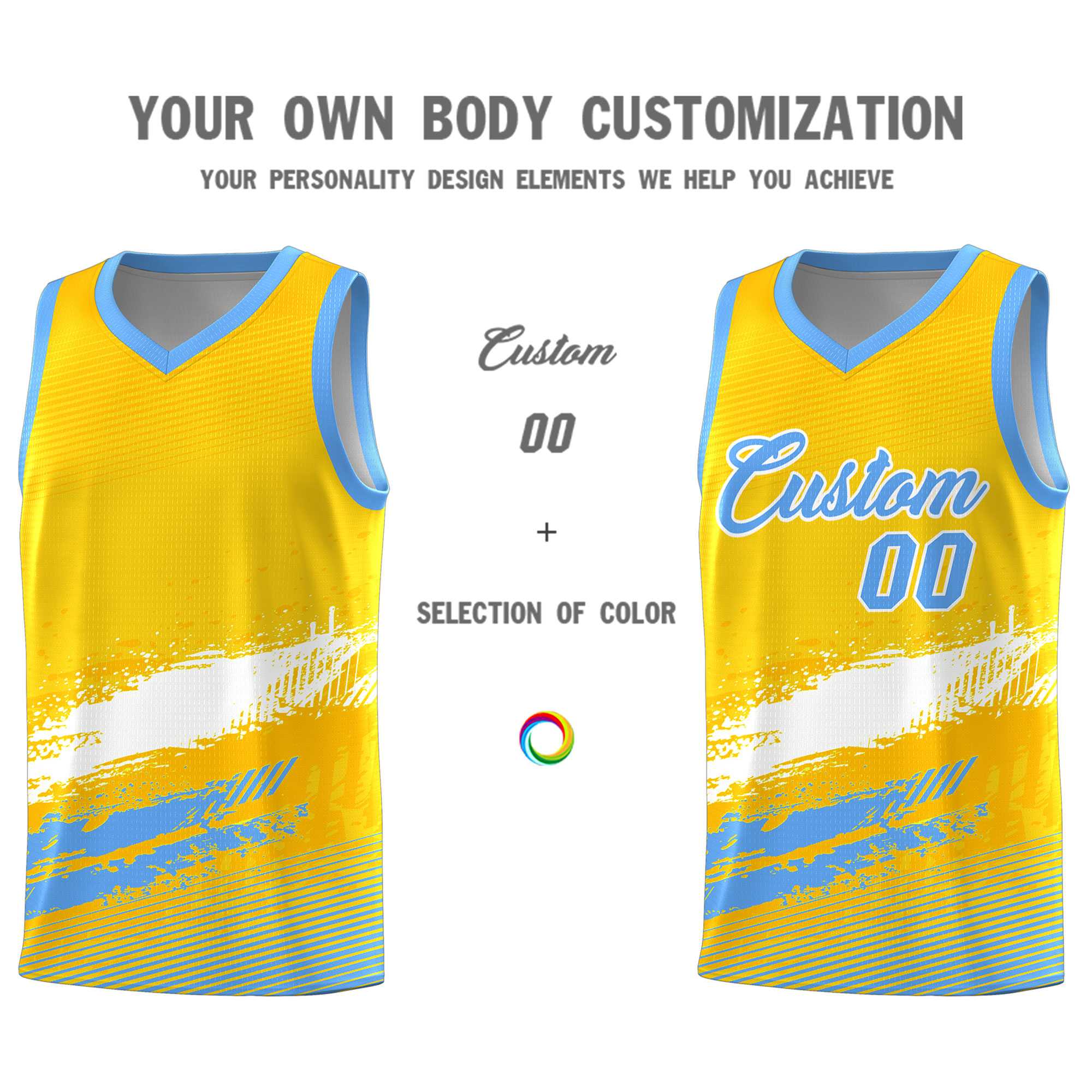 Custom Yellow White and Powder Blue Graffiti Pattern Sports Uniform Basketball Jersey