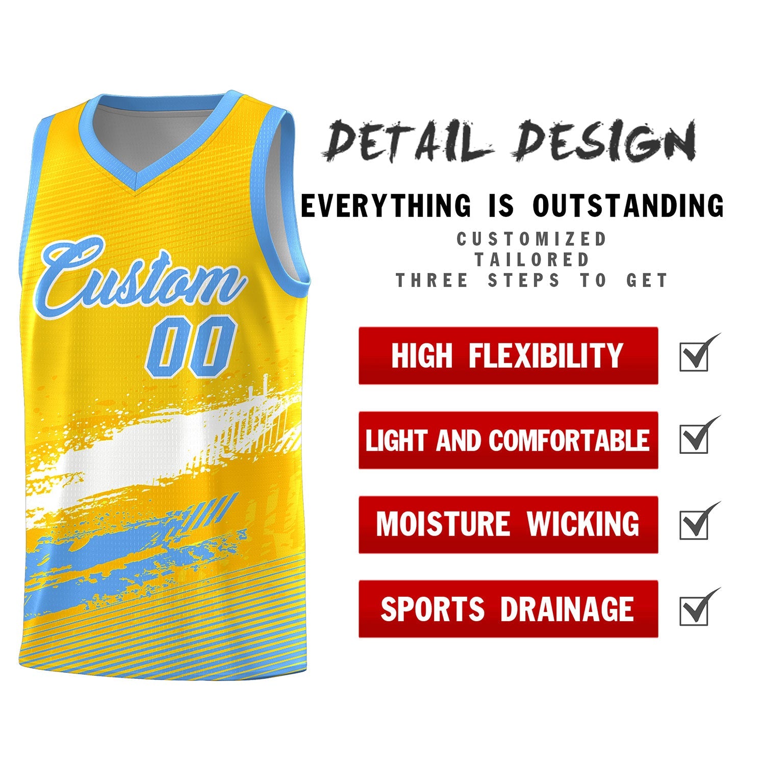 Custom Yellow White and Powder Blue Graffiti Pattern Sports Uniform Basketball Jersey