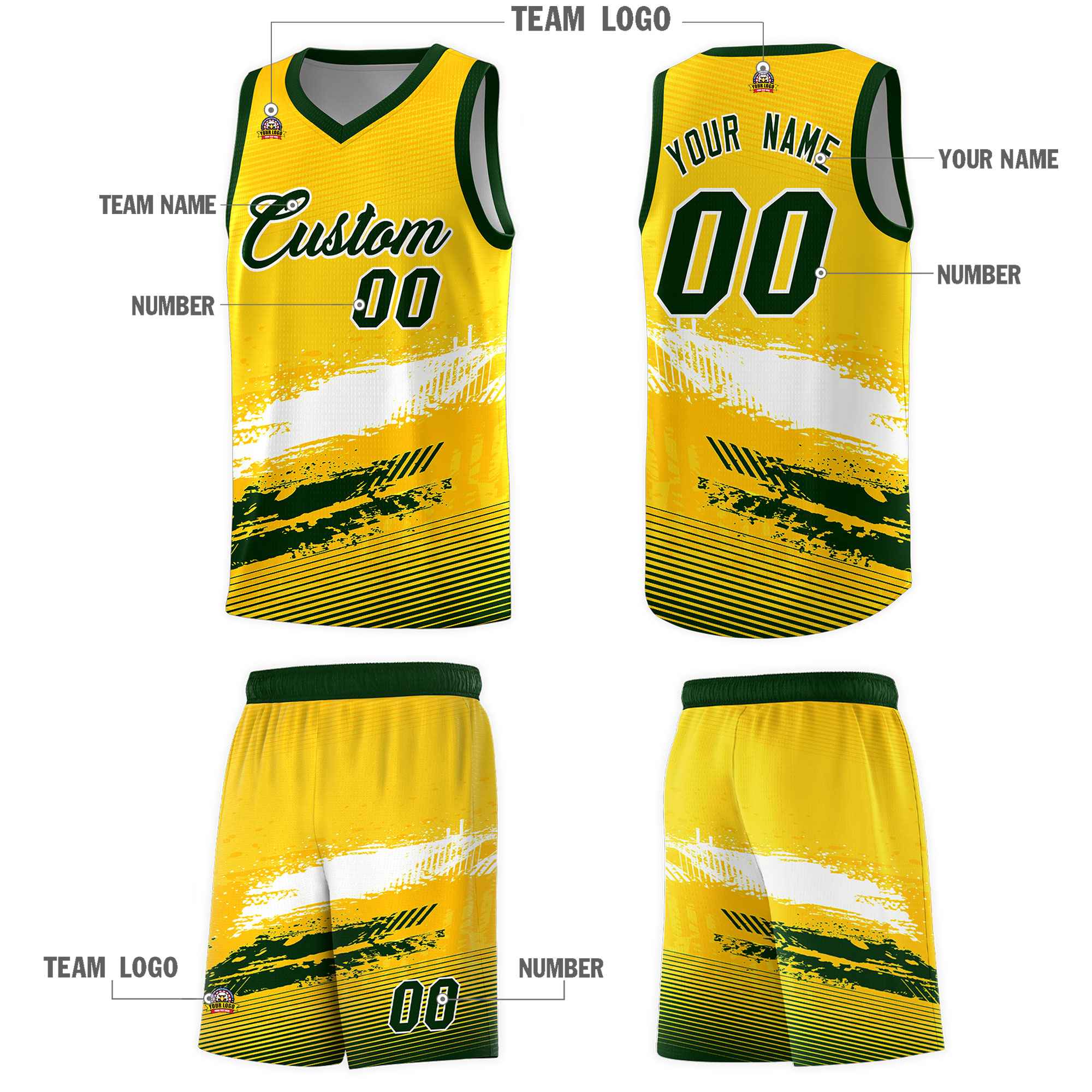 Custom Yellow White and Green Graffiti Pattern Sports Uniform Basketball Jersey