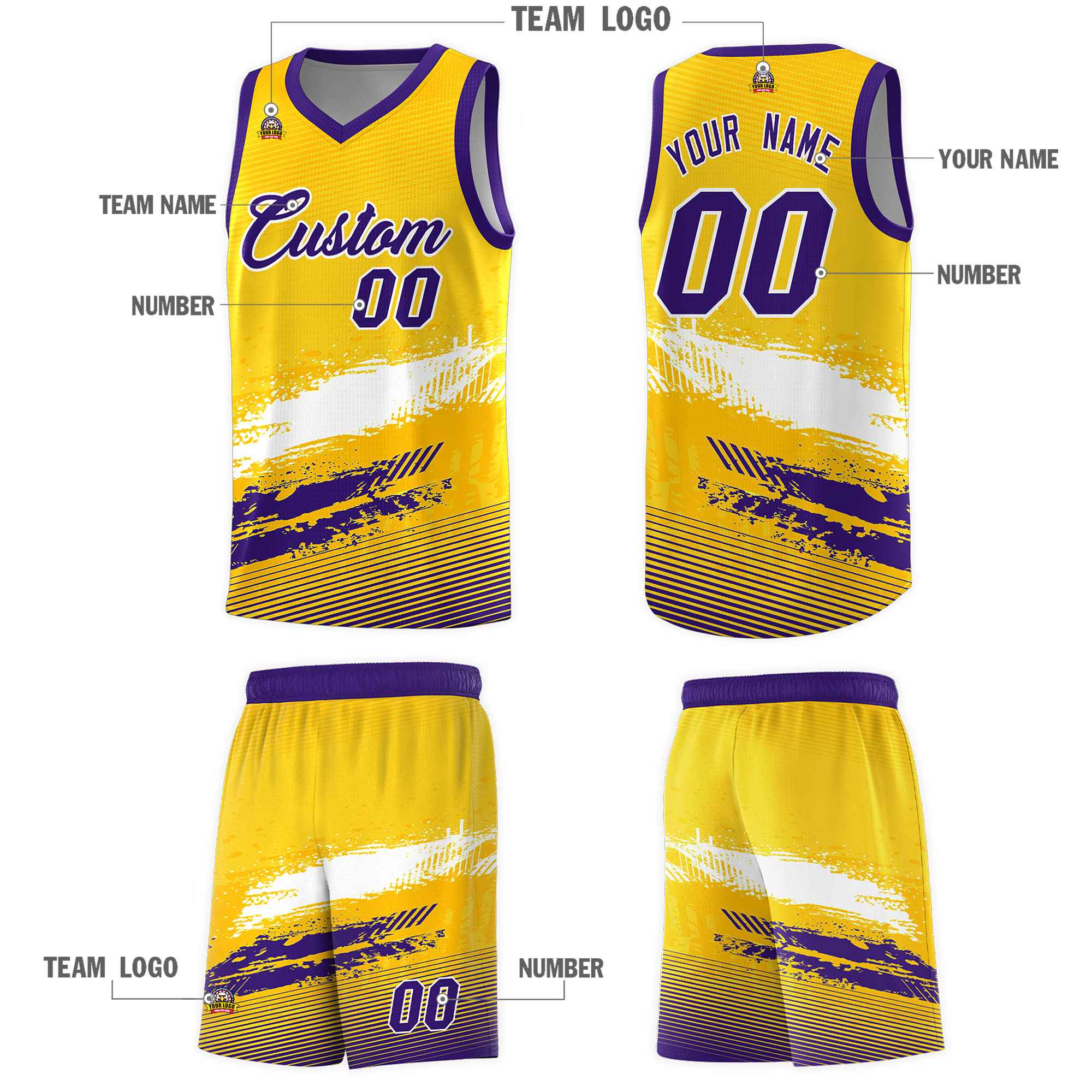 Custom Yellow White and Purple Graffiti Pattern Sports Uniform Basketball Jersey