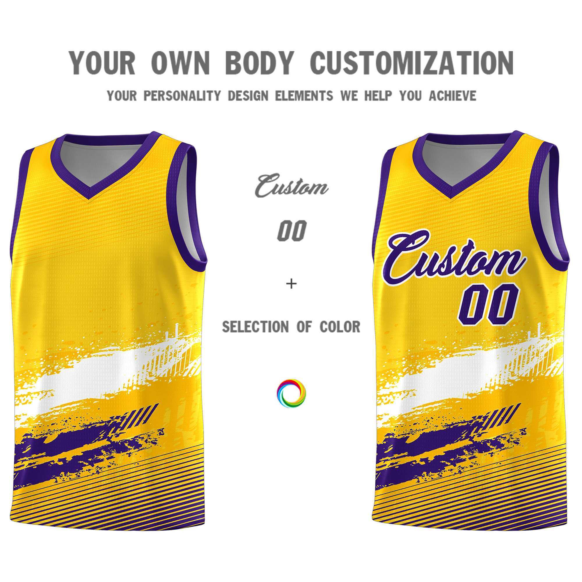 Custom Yellow White and Purple Graffiti Pattern Sports Uniform Basketball Jersey