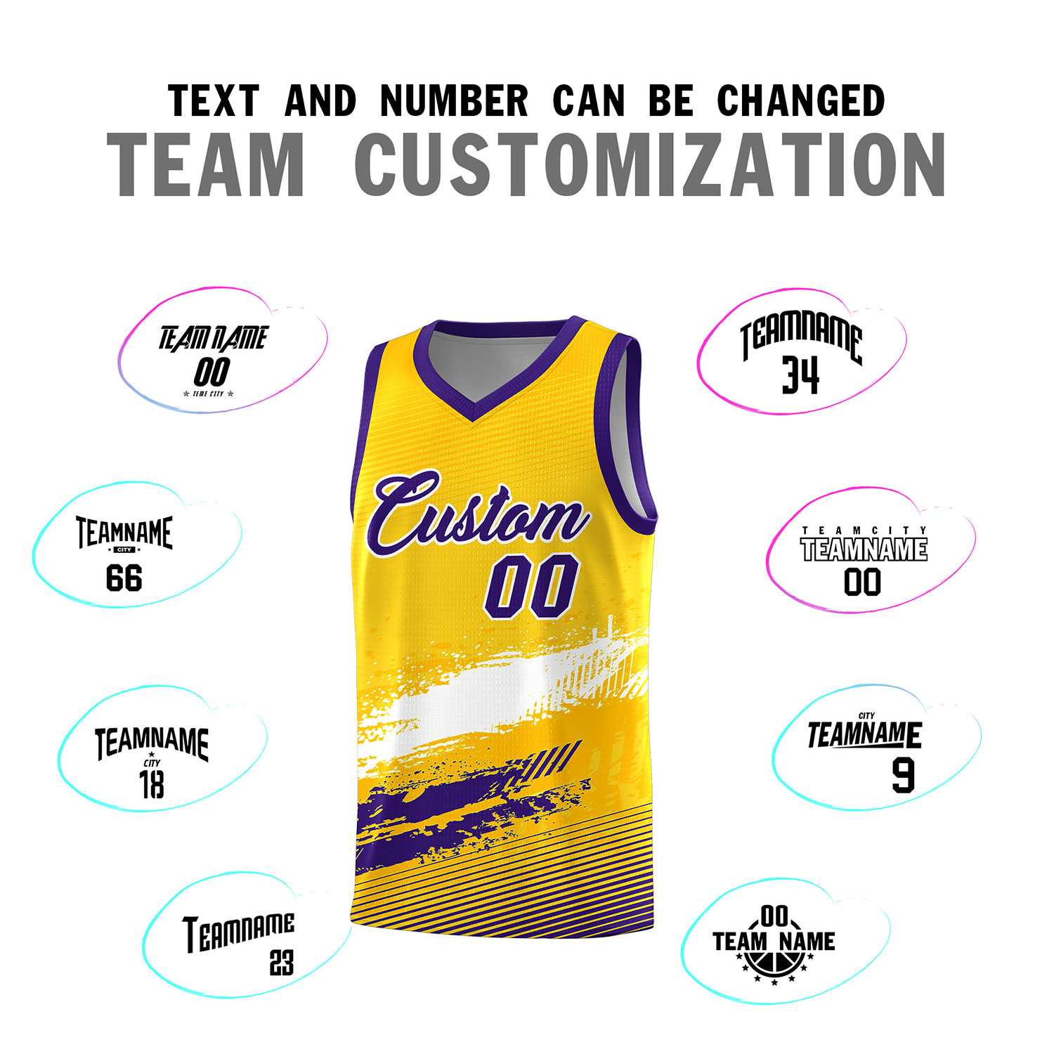 Custom Yellow White and Purple Graffiti Pattern Sports Uniform Basketball Jersey