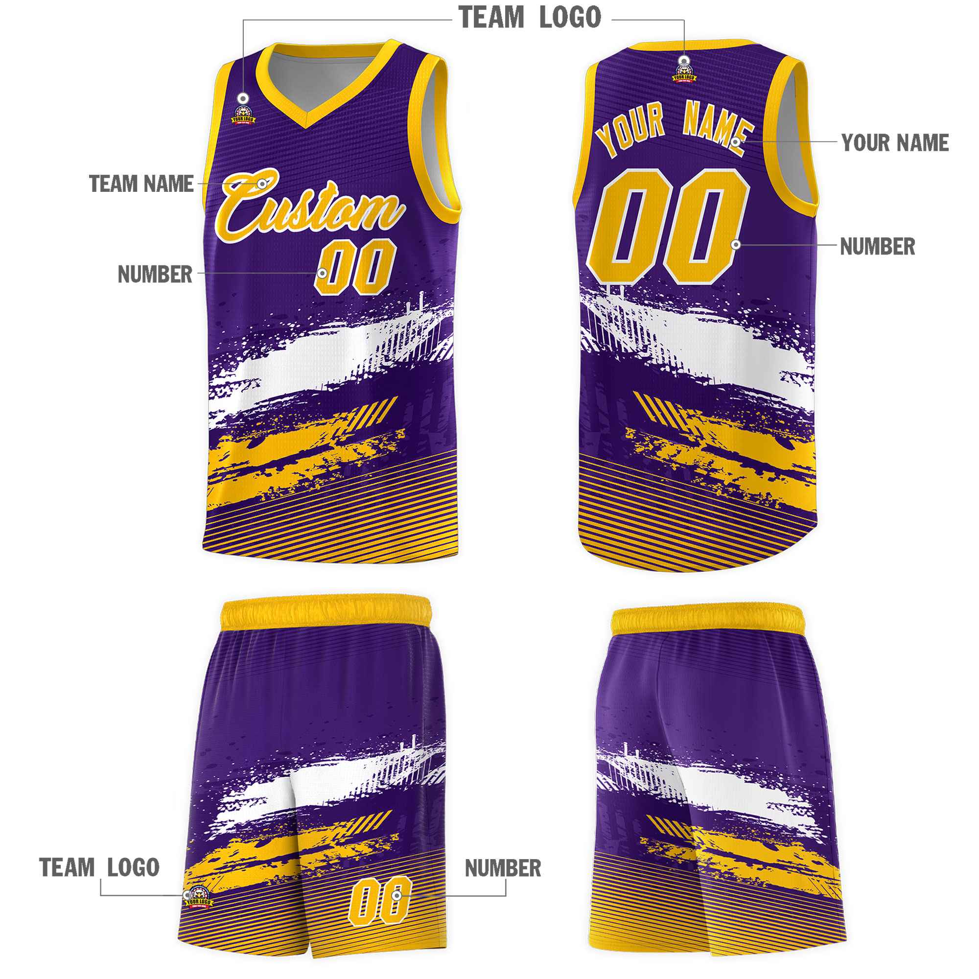 Custom Purple White and Yellow Graffiti Pattern Sports Uniform Basketball Jersey