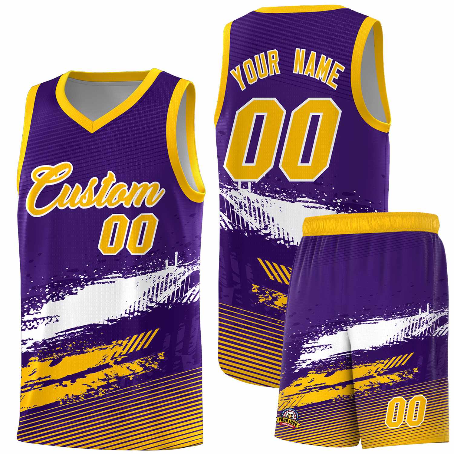 Custom Purple White and Yellow Graffiti Pattern Sports Uniform Basketball Jersey