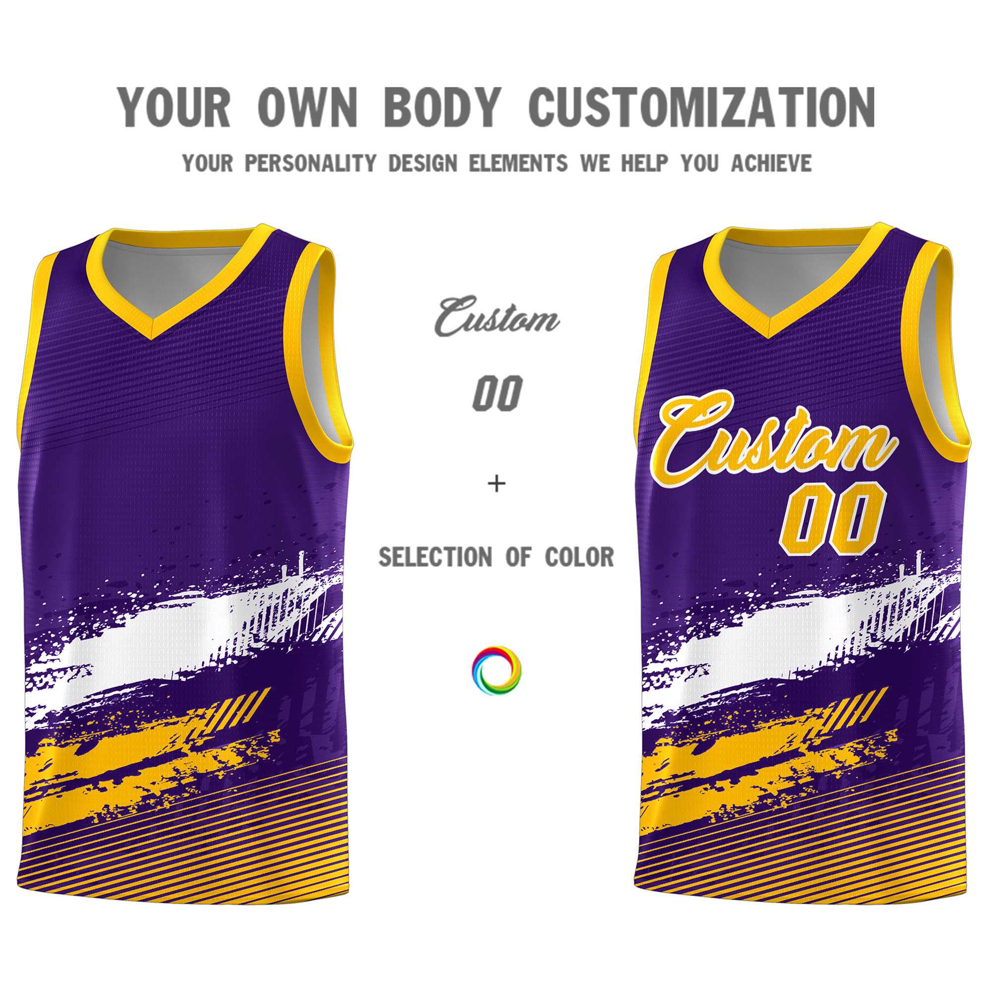 Custom Purple White and Yellow Graffiti Pattern Sports Uniform Basketball Jersey