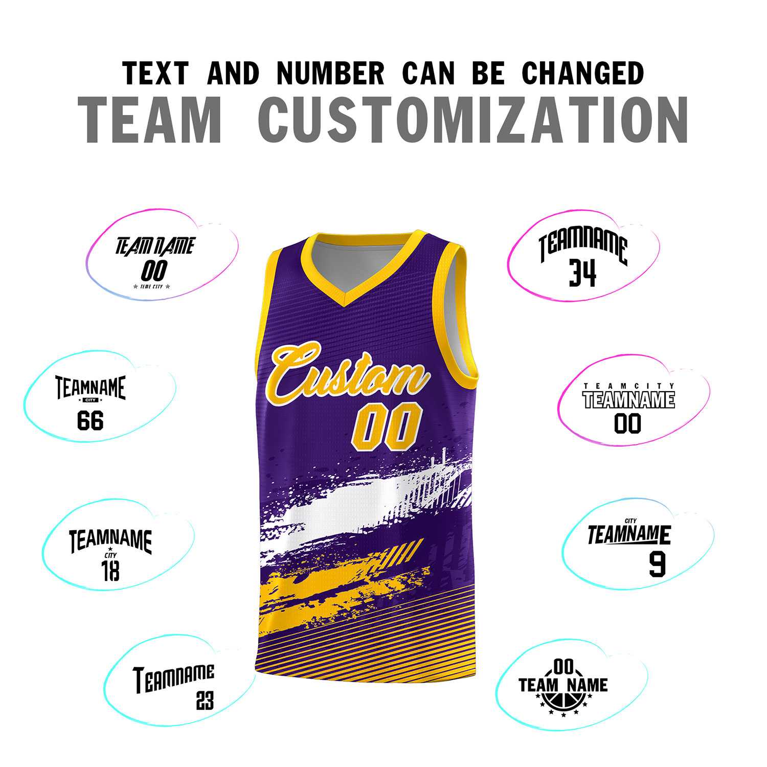 Custom Purple White and Yellow Graffiti Pattern Sports Uniform Basketball Jersey