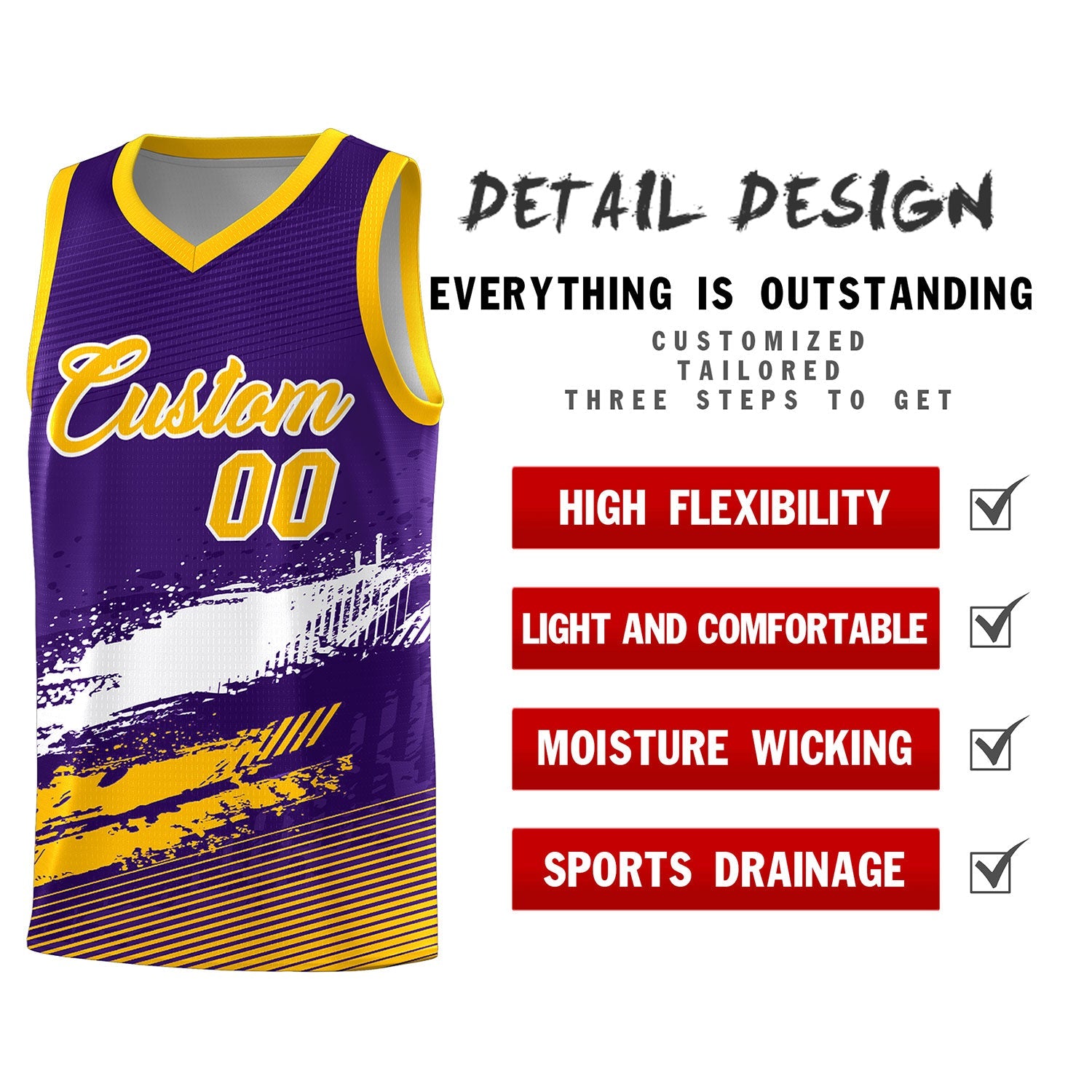 Custom Purple White and Yellow Graffiti Pattern Sports Uniform Basketball Jersey