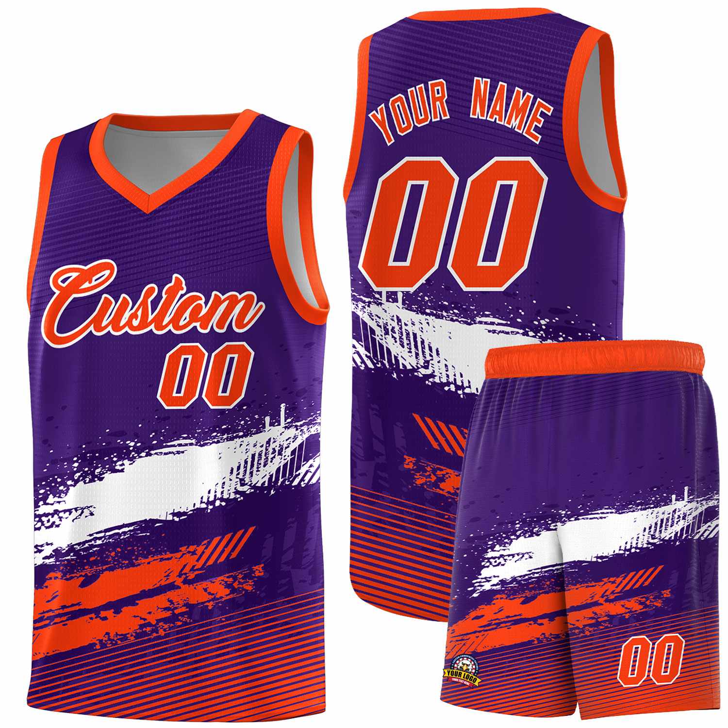 Custom Purple White and Orange Graffiti Pattern Sports Uniform Basketball Jersey