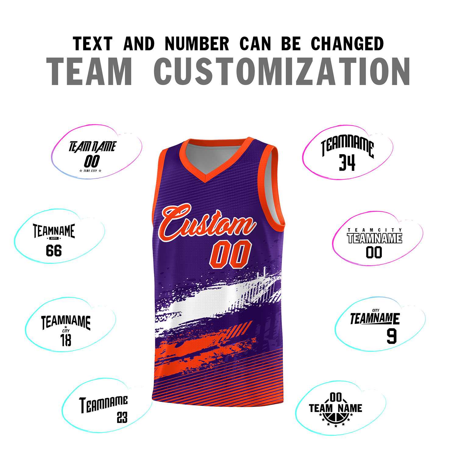 Custom Purple White and Orange Graffiti Pattern Sports Uniform Basketball Jersey