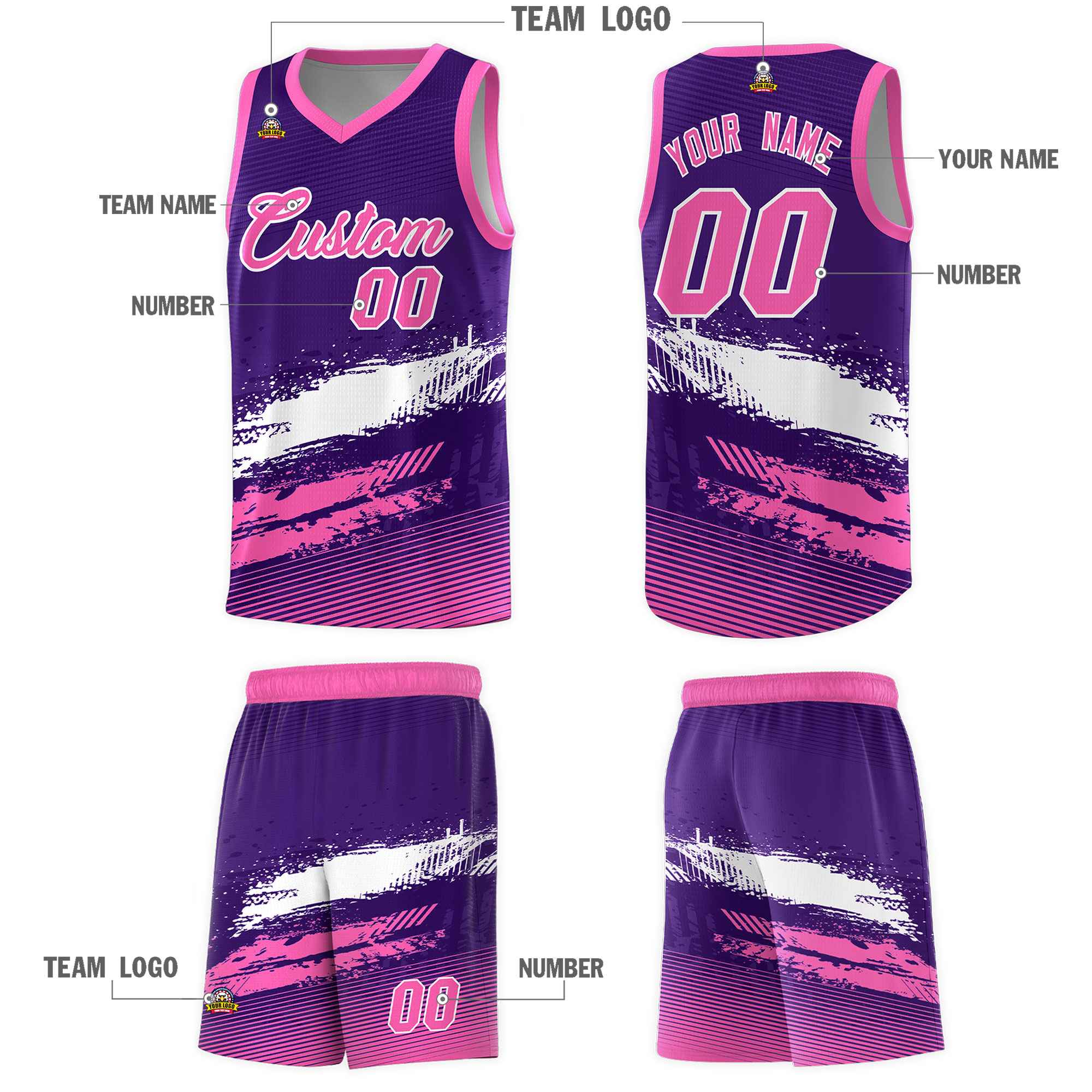 Custom Purple White and Pink Graffiti Pattern Sports Uniform Basketball Jersey