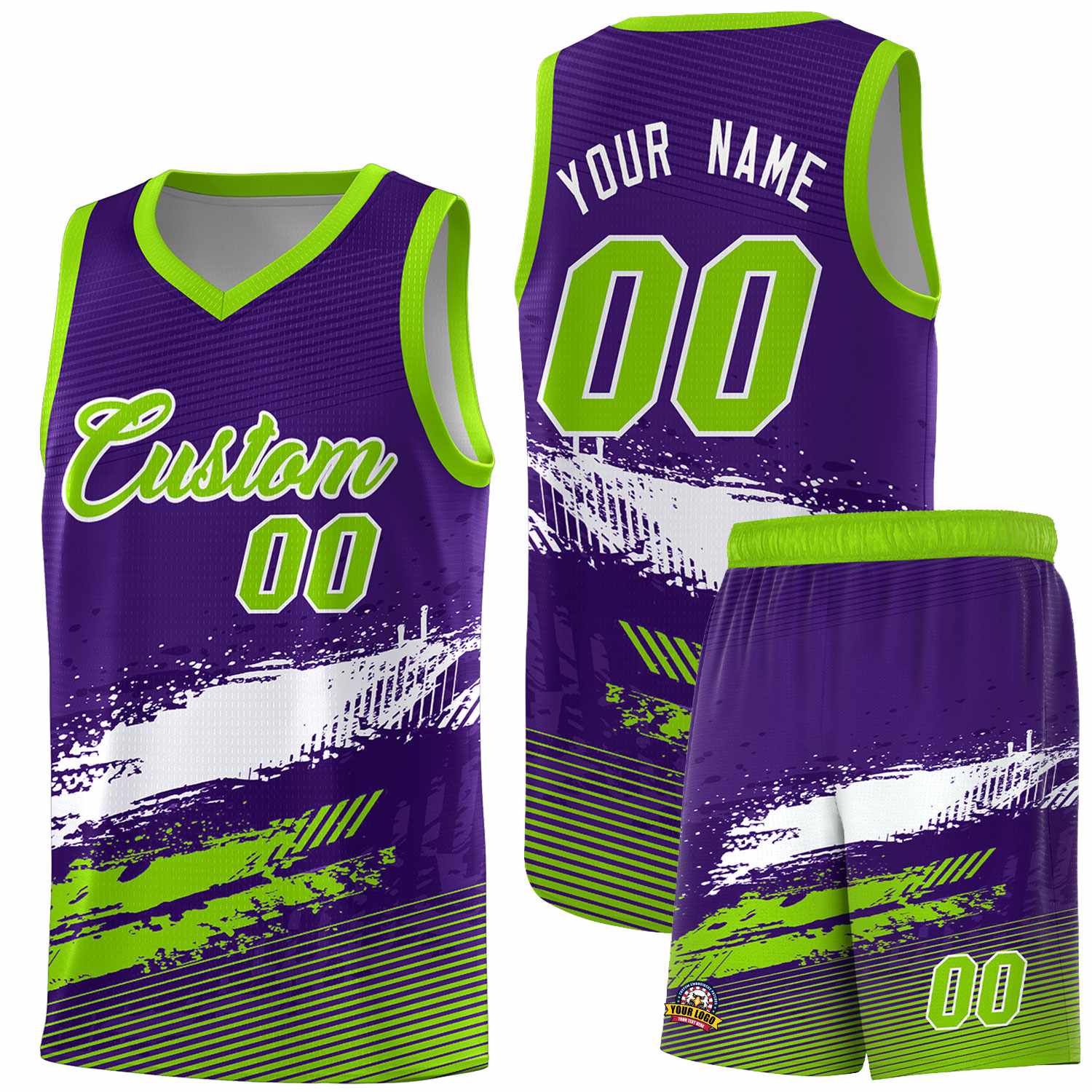 Custom Purple White and Neon Green Graffiti Pattern Sports Uniform Basketball Jersey