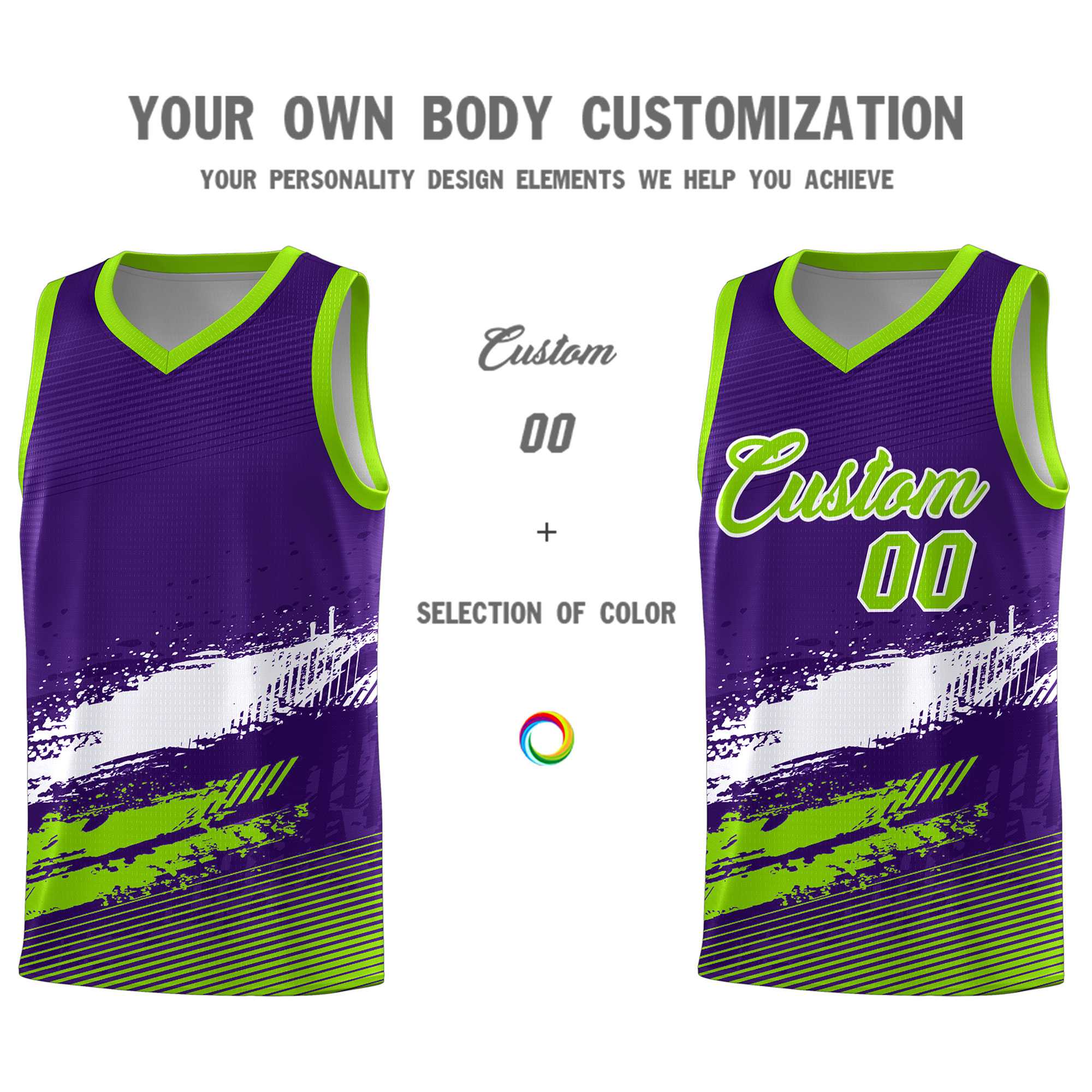 Custom Purple White and Neon Green Graffiti Pattern Sports Uniform Basketball Jersey