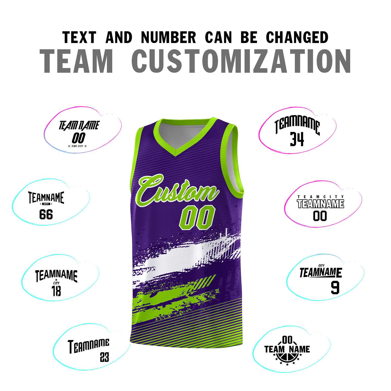 Custom Purple White and Neon Green Graffiti Pattern Sports Uniform Basketball Jersey