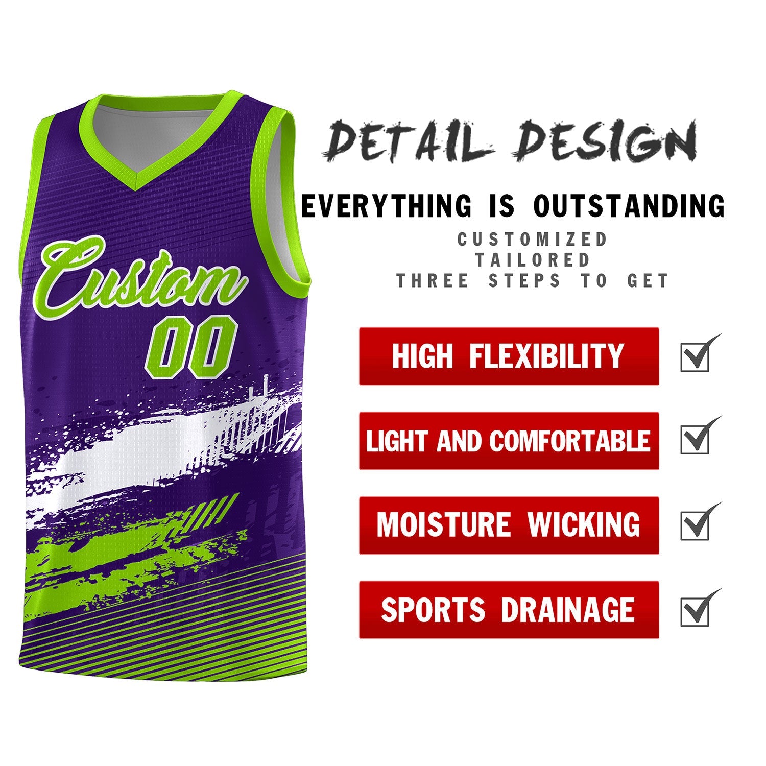 Custom Purple White and Neon Green Graffiti Pattern Sports Uniform Basketball Jersey