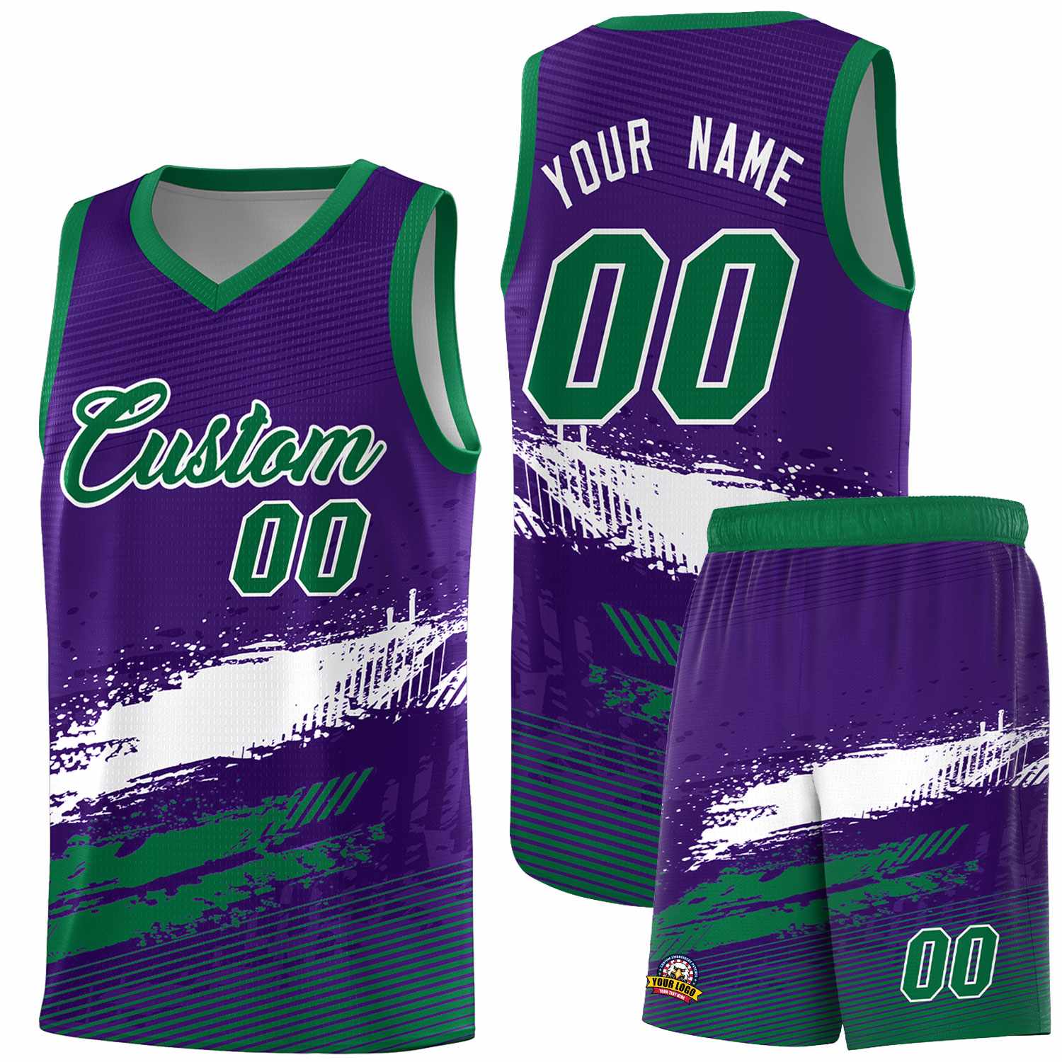 Custom Purple White and Kelly Green Graffiti Pattern Sports Uniform Basketball Jersey