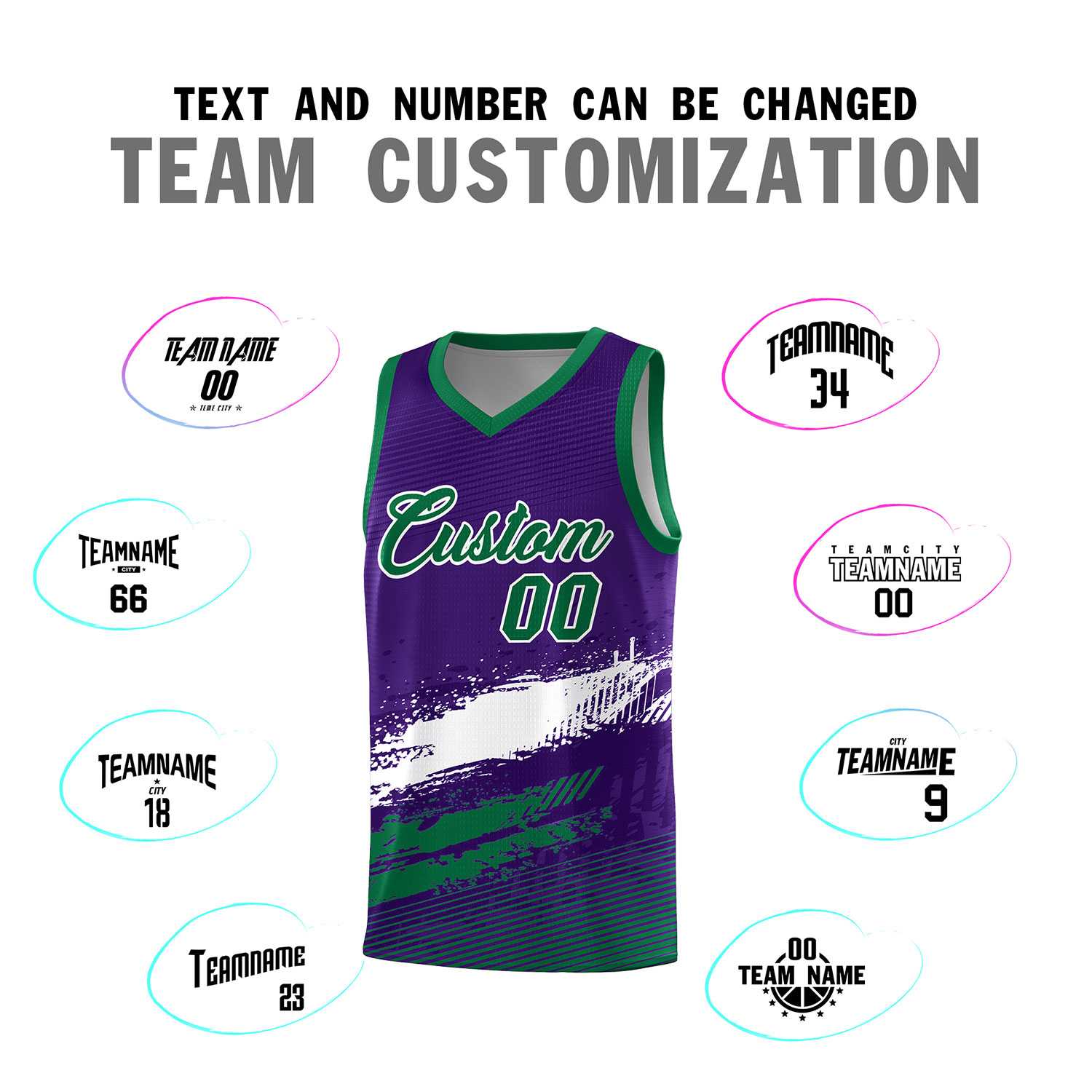 Custom Purple White and Kelly Green Graffiti Pattern Sports Uniform Basketball Jersey