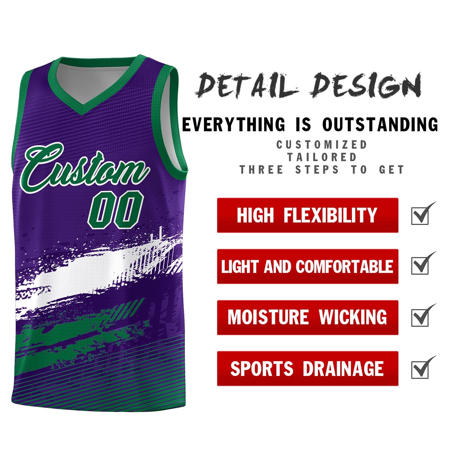 Custom Purple White and Kelly Green Graffiti Pattern Sports Uniform Basketball Jersey