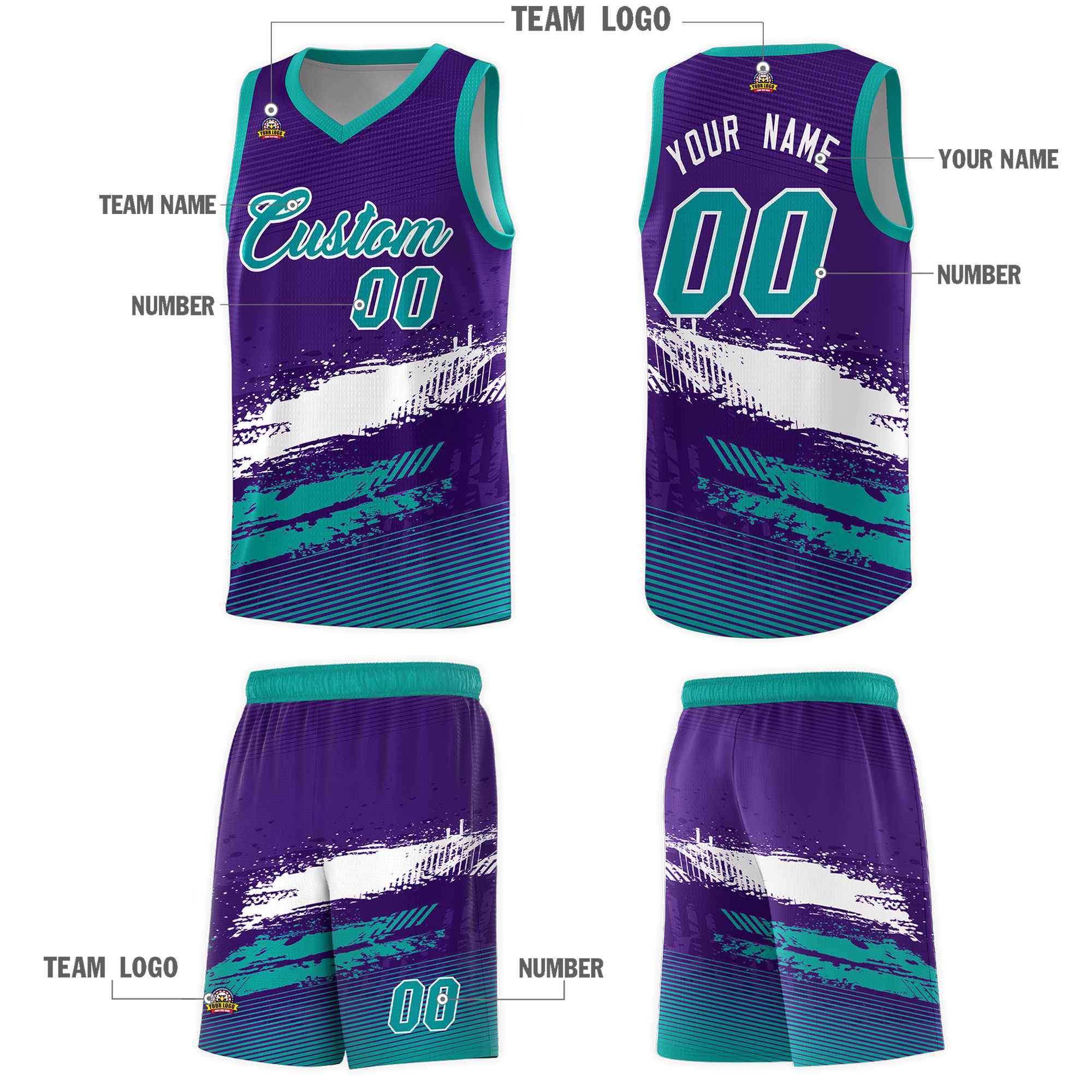 Custom Purple White and Aqua Graffiti Pattern Sports Uniform Basketball Jersey