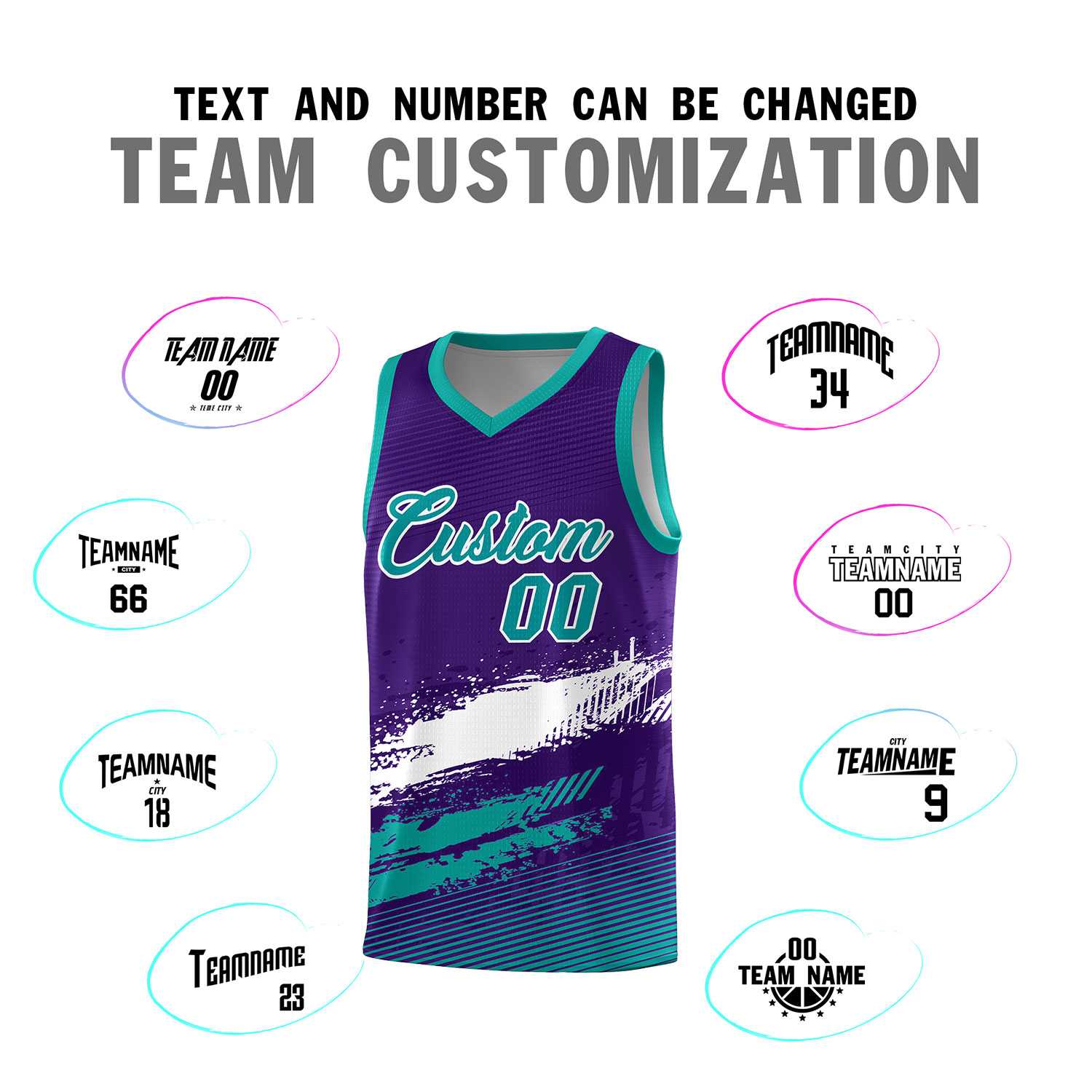 Custom Purple White and Aqua Graffiti Pattern Sports Uniform Basketball Jersey