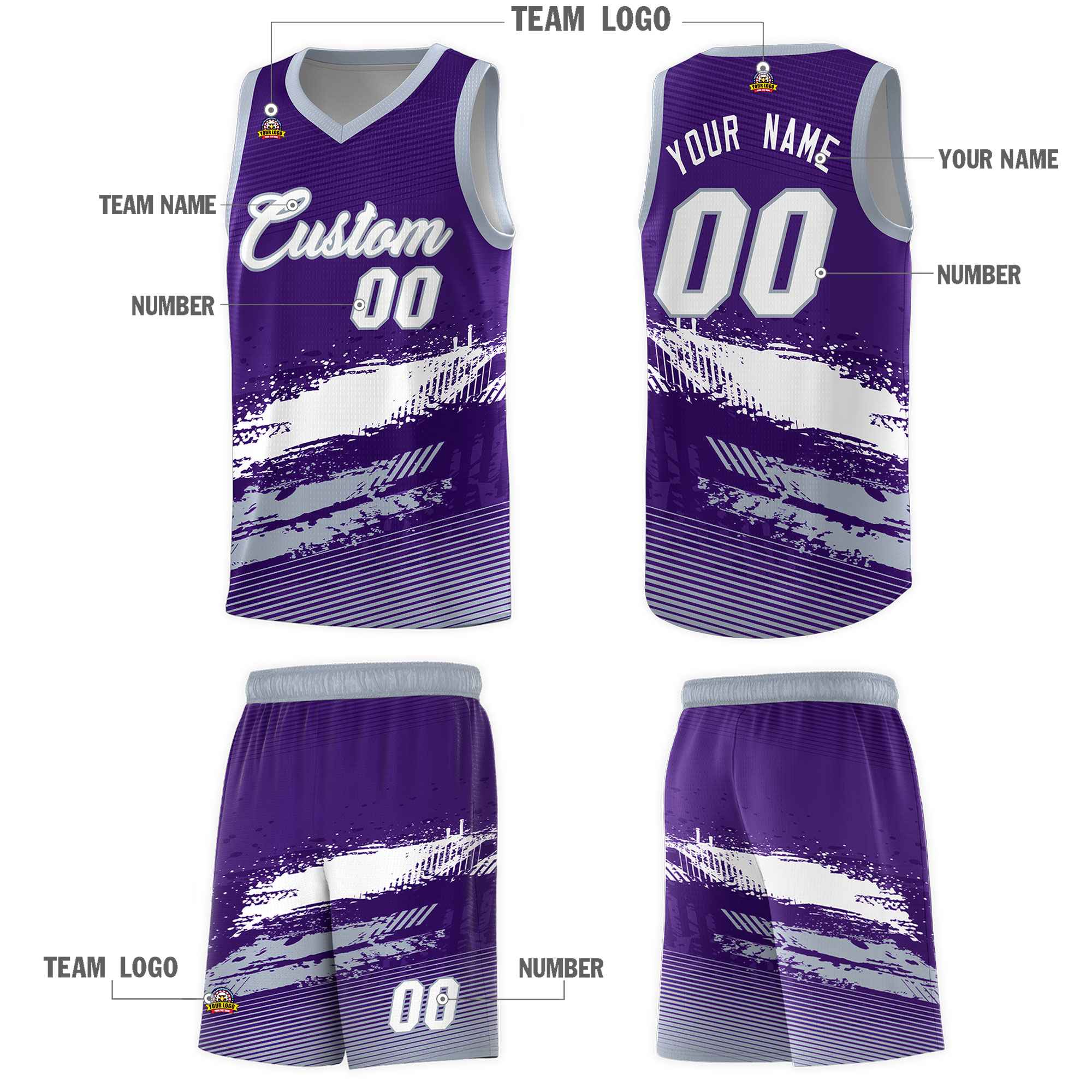 Custom Purple White and Gray Graffiti Pattern Sports Uniform Basketball Jersey