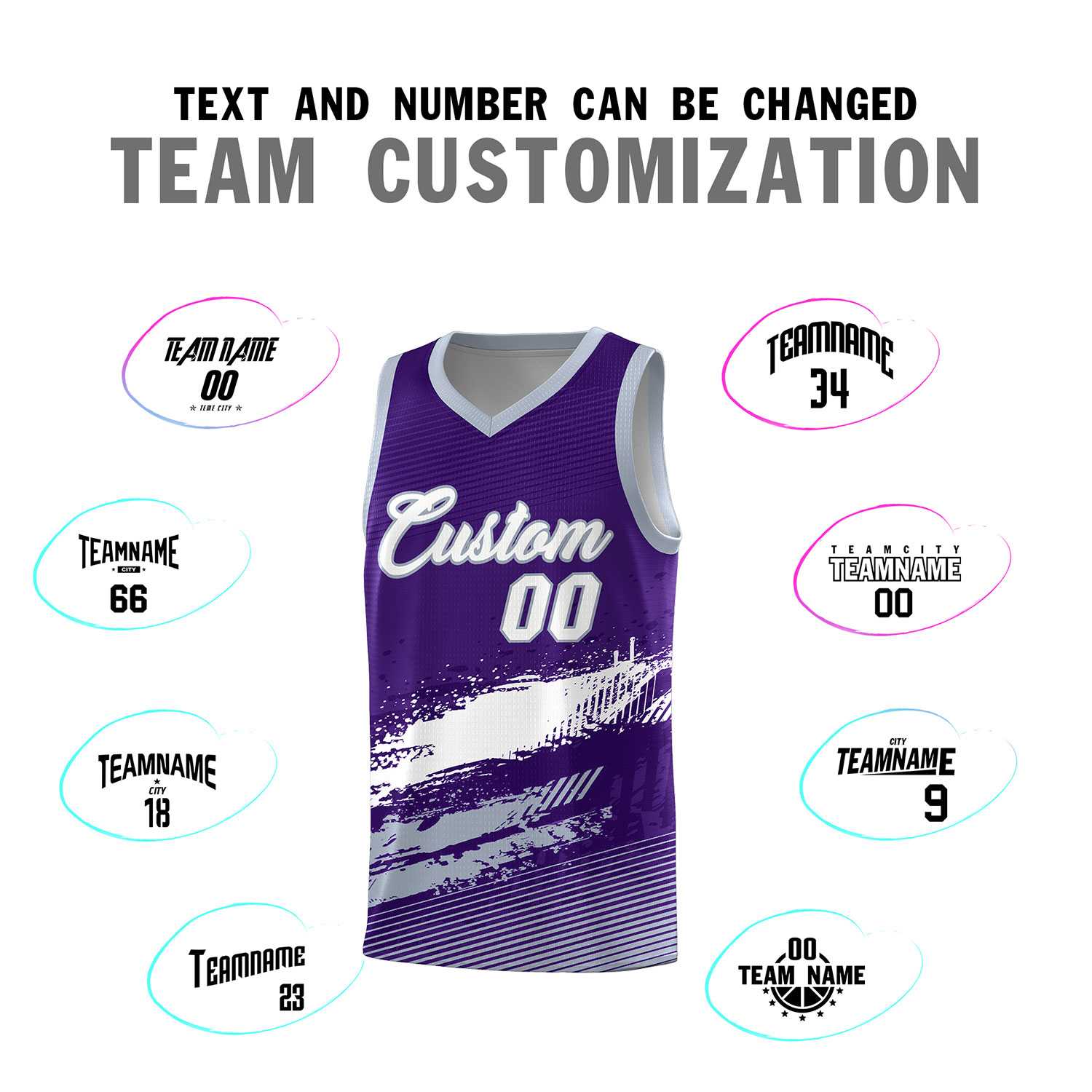 Custom Purple White and Gray Graffiti Pattern Sports Uniform Basketball Jersey