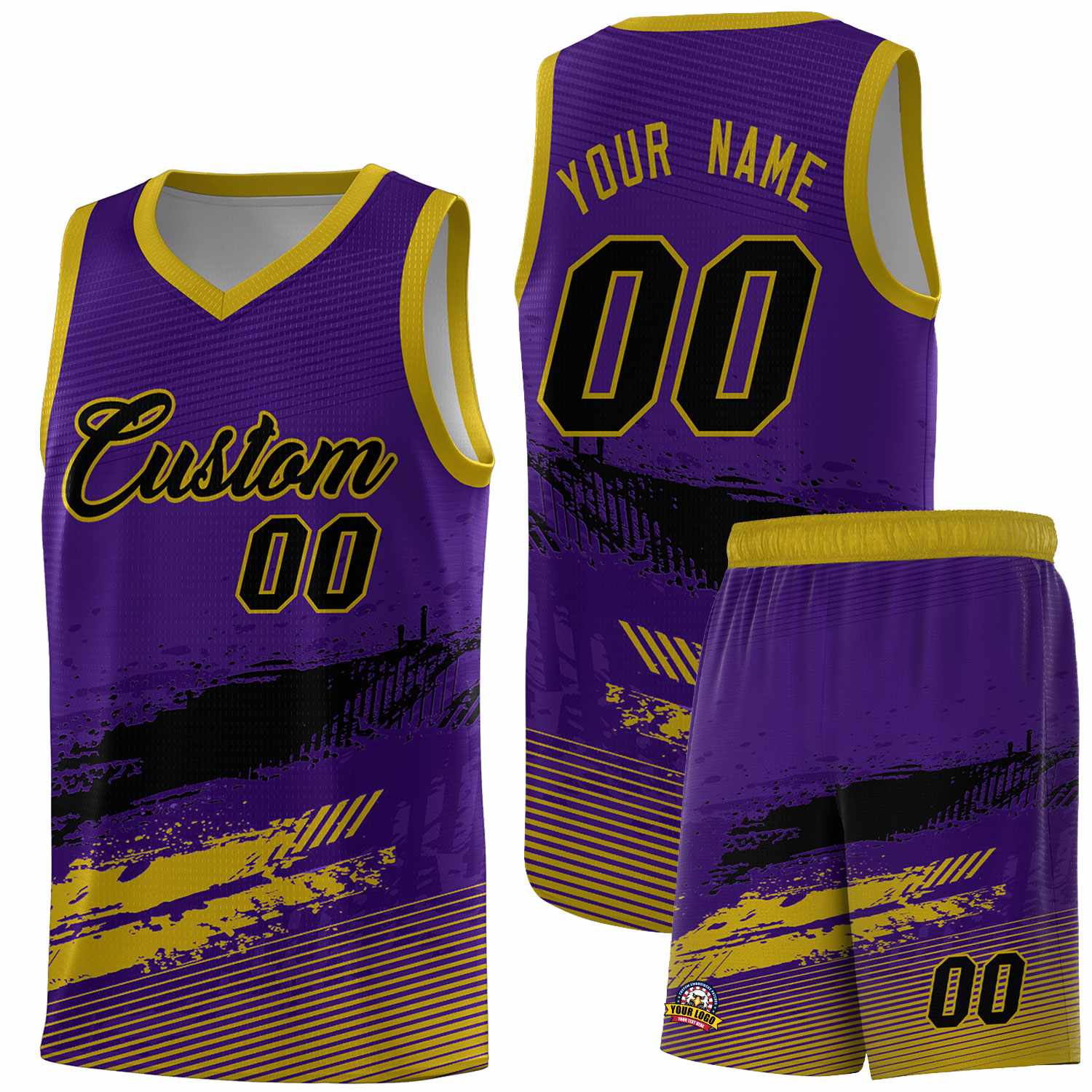 Custom Purple Black and Old Gold Graffiti Pattern Sports Uniform Basketball Jersey