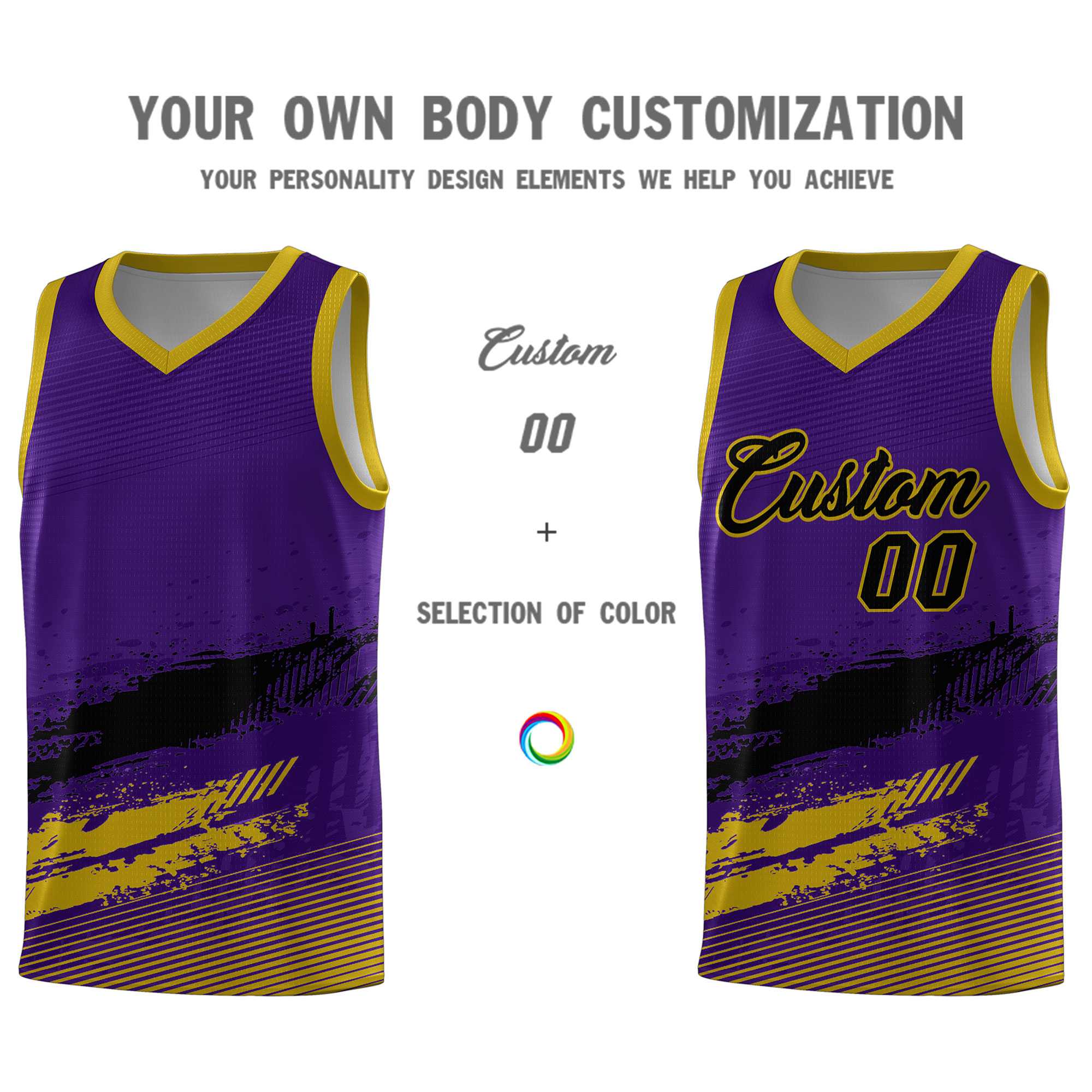 Custom Purple Black and Old Gold Graffiti Pattern Sports Uniform Basketball Jersey