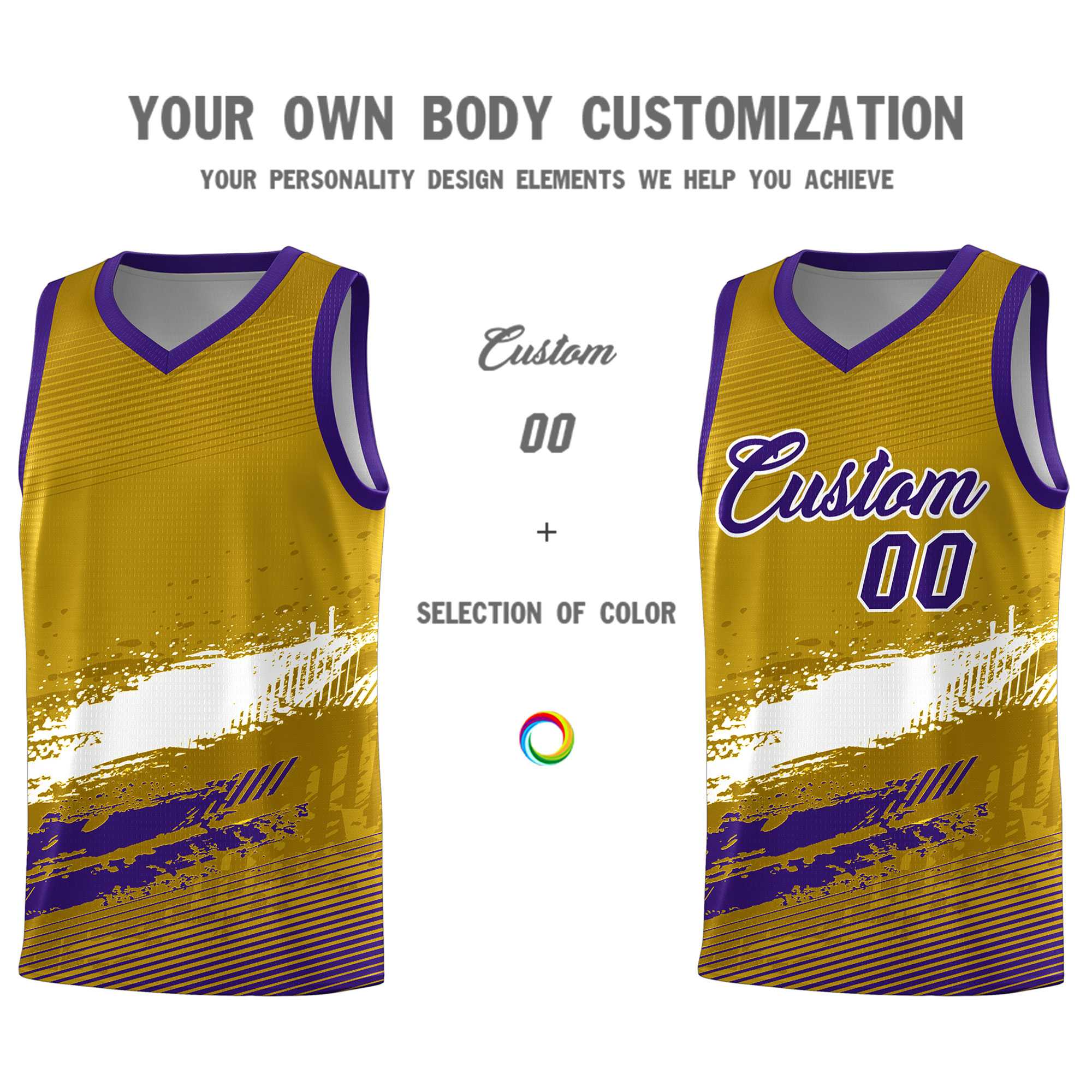 Custom Old Gold White and Purple Graffiti Pattern Sports Uniform Basketball Jersey