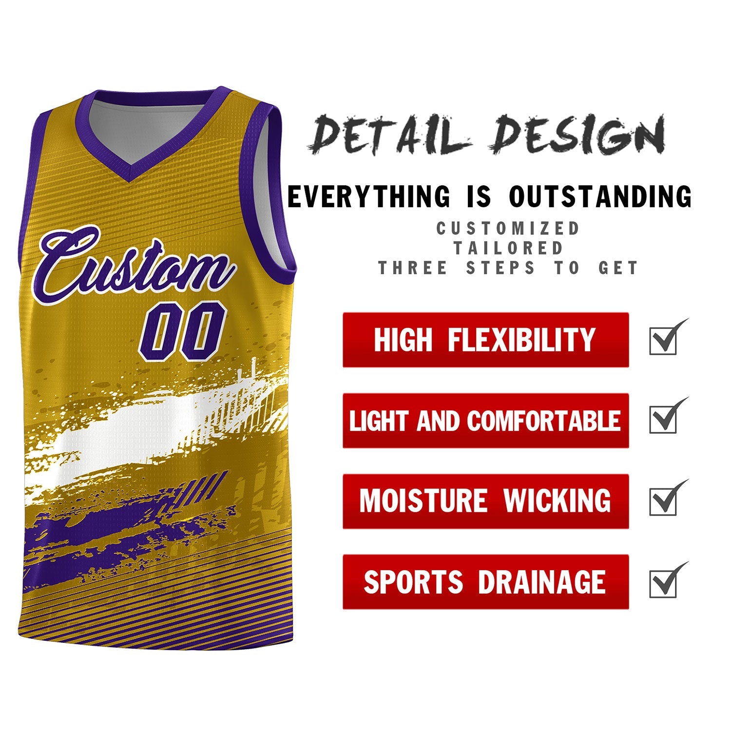 Custom Old Gold White and Purple Graffiti Pattern Sports Uniform Basketball Jersey