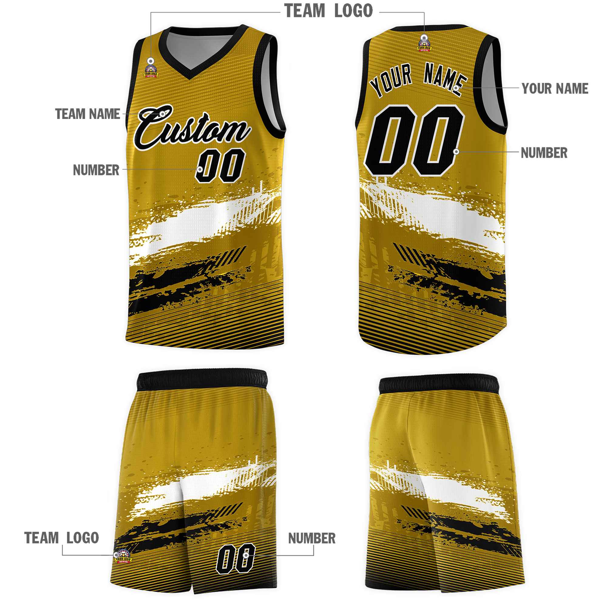 Custom Old Gold White and Black Graffiti Pattern Sports Uniform Basketball Jersey