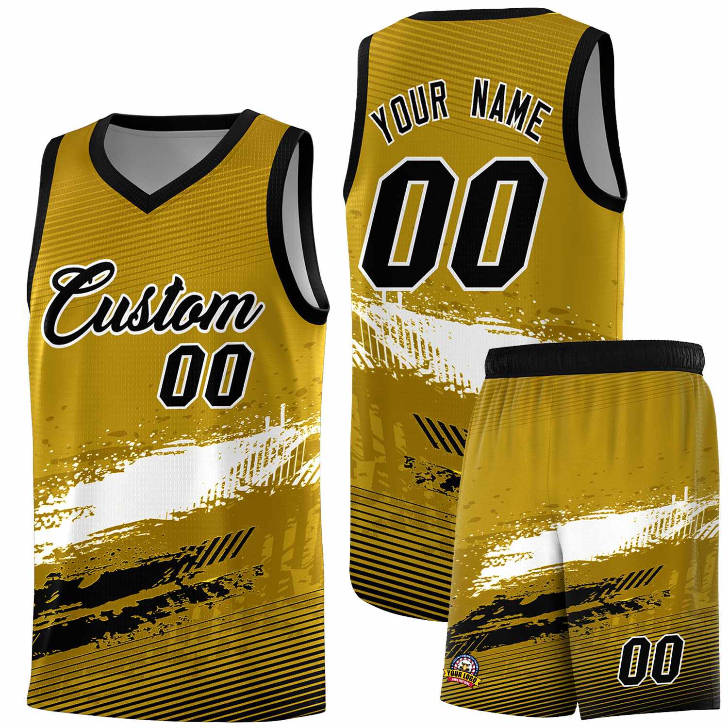 Custom Old Gold White and Black Graffiti Pattern Sports Uniform Basketball Jersey