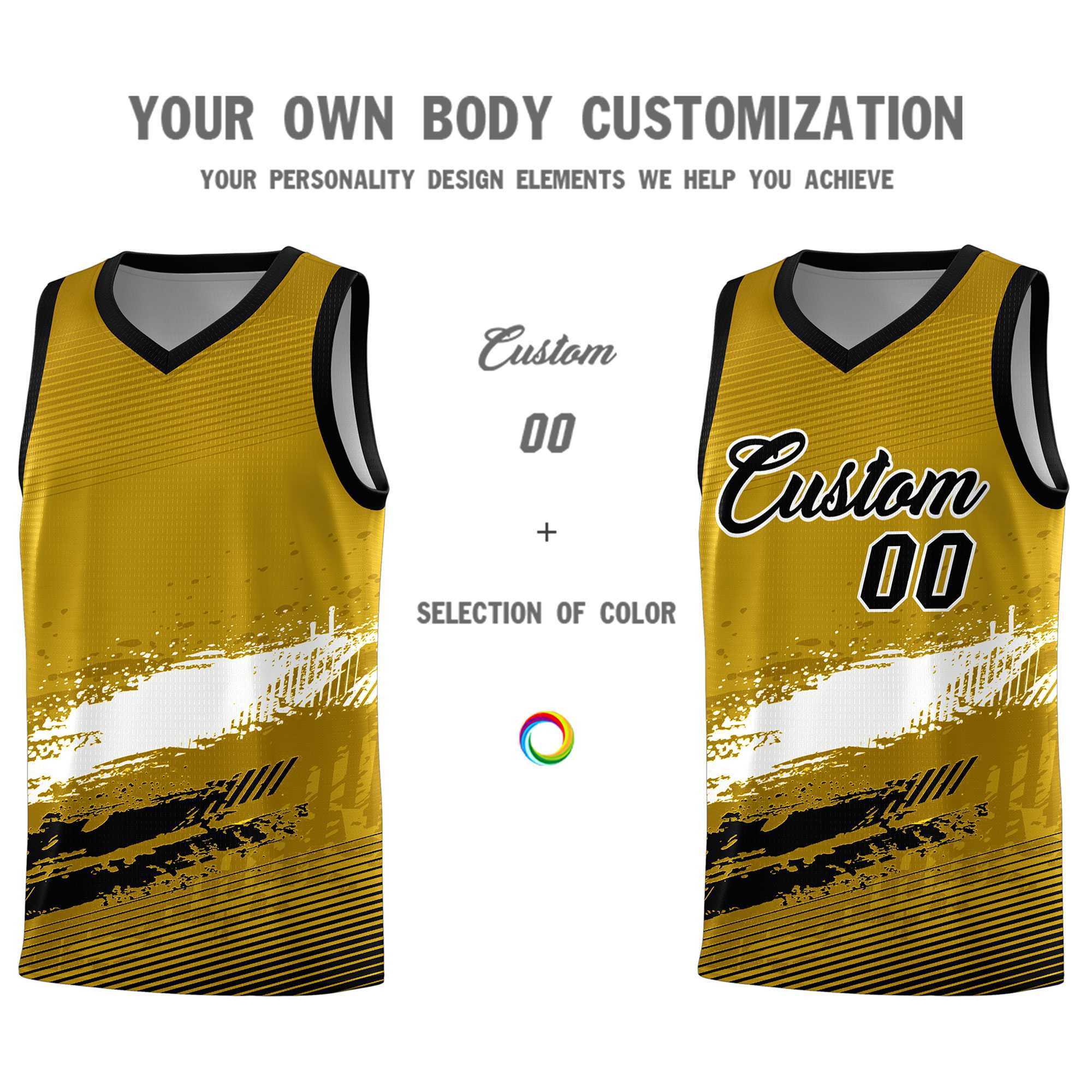 Custom Old Gold White and Black Graffiti Pattern Sports Uniform Basketball Jersey