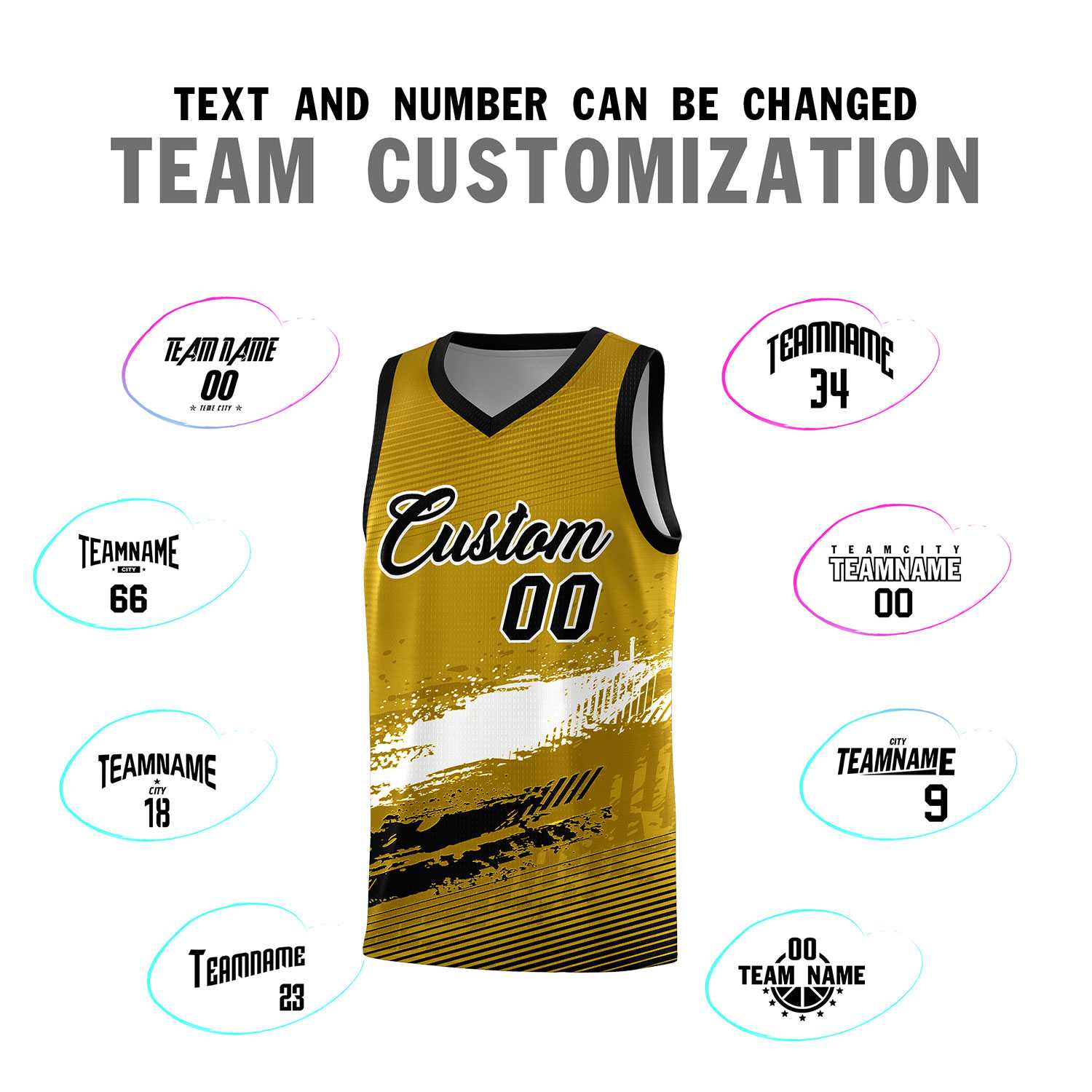 Custom Old Gold White and Black Graffiti Pattern Sports Uniform Basketball Jersey