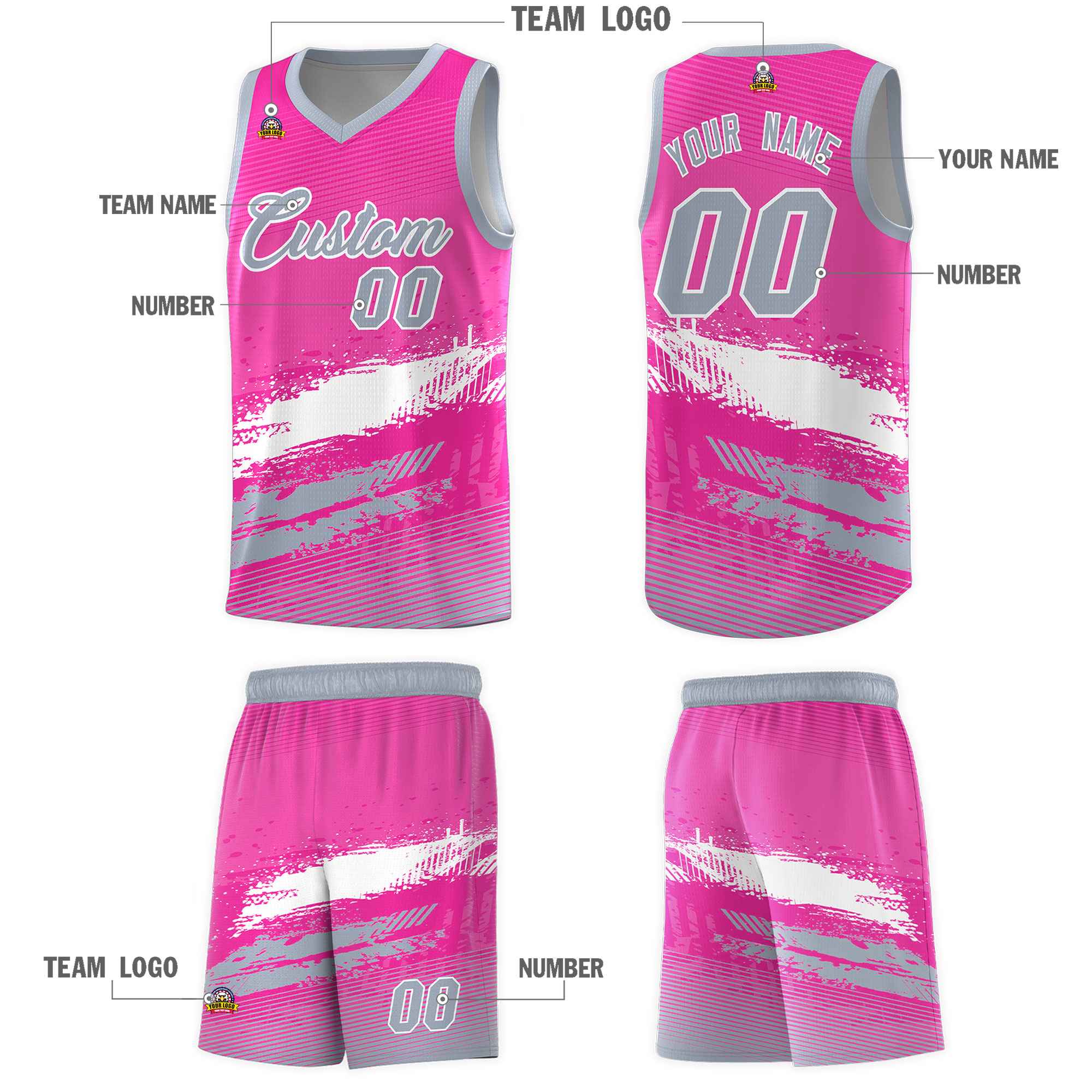 Custom Pink White and Gray Graffiti Pattern Sports Uniform Basketball Jersey