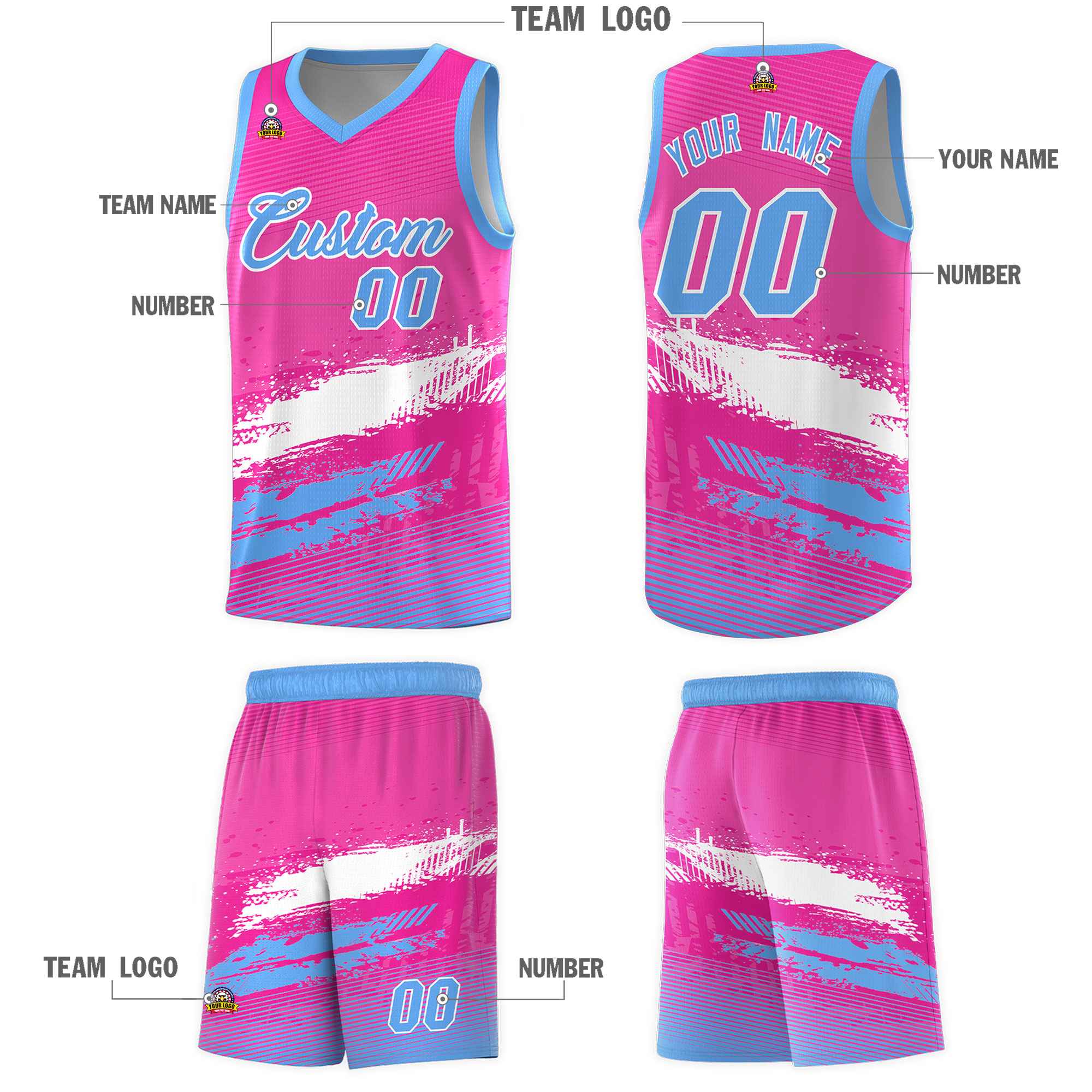 Custom Pink White and Powder Blue Graffiti Pattern Sports Uniform Basketball Jersey