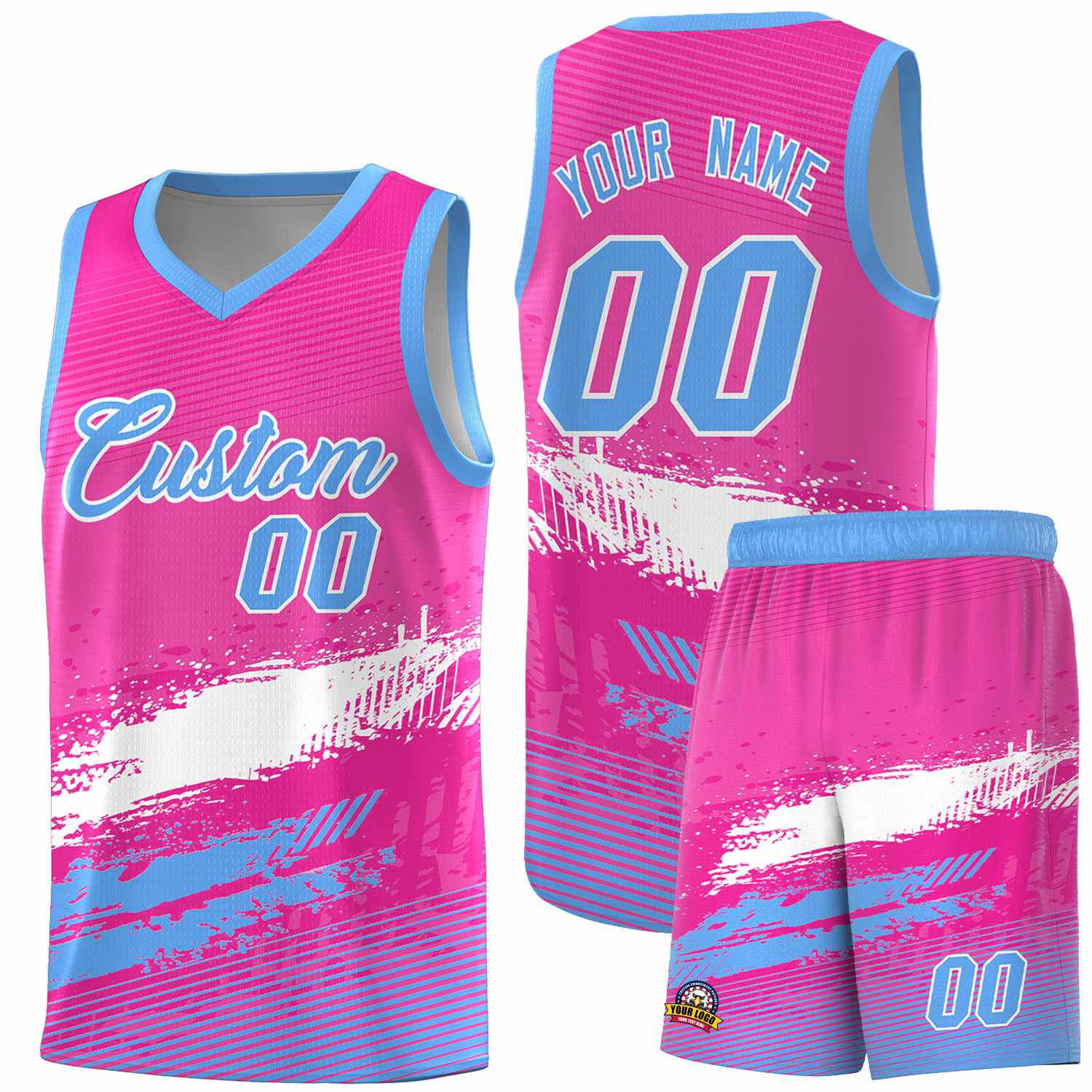 Custom Pink White and Powder Blue Graffiti Pattern Sports Uniform Basketball Jersey