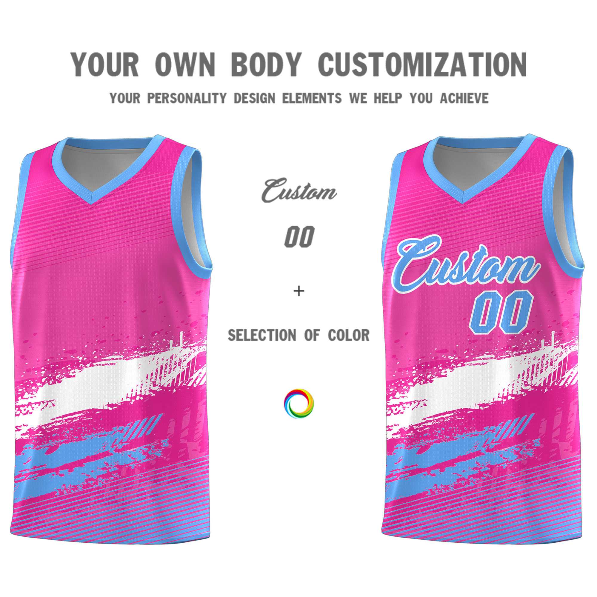 Custom Pink White and Powder Blue Graffiti Pattern Sports Uniform Basketball Jersey