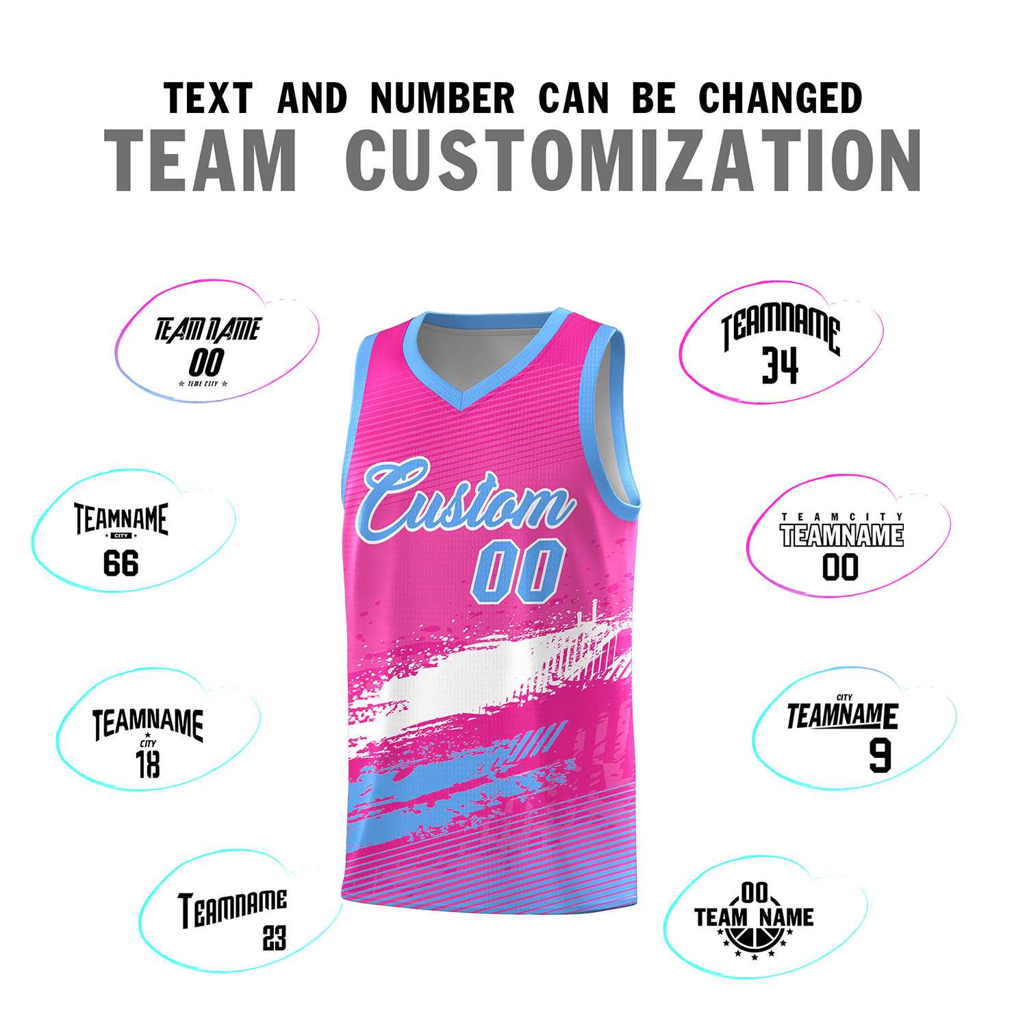 Custom Pink White and Powder Blue Graffiti Pattern Sports Uniform Basketball Jersey