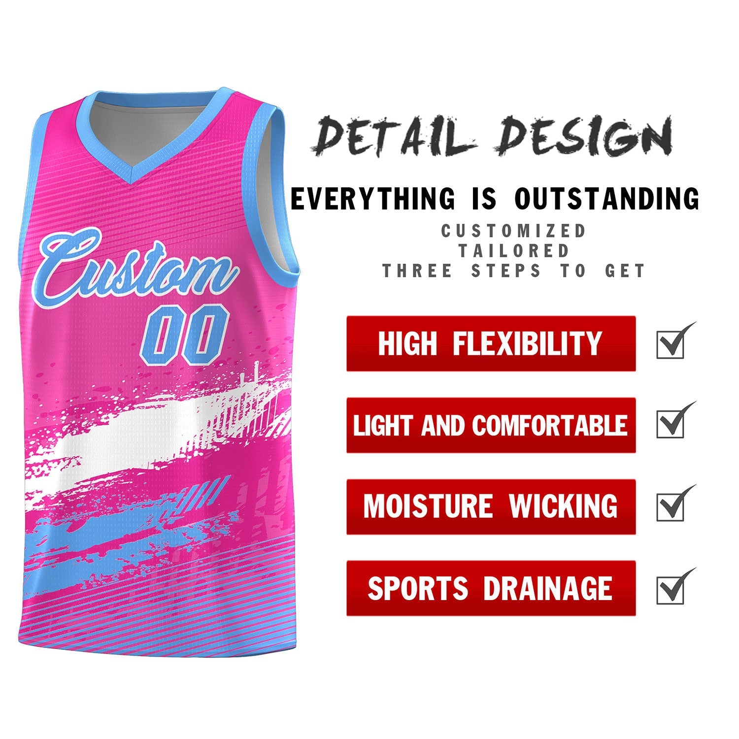 Custom Pink White and Powder Blue Graffiti Pattern Sports Uniform Basketball Jersey