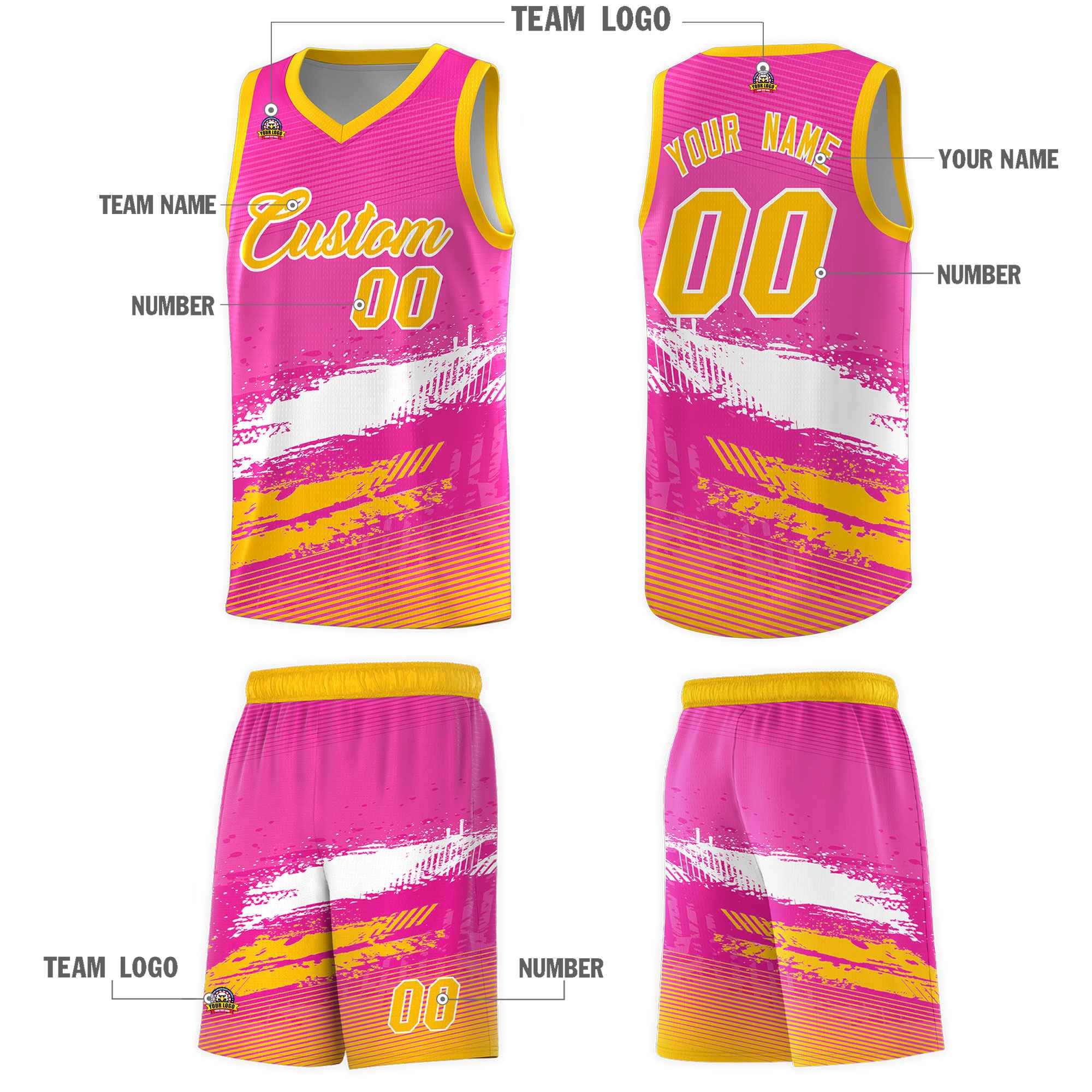 Custom Pink White and Yellow Graffiti Pattern Sports Uniform Basketball Jersey