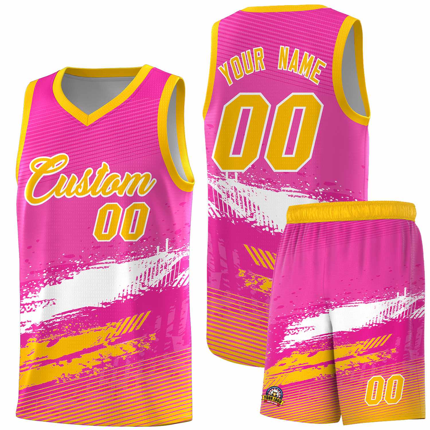 Custom Pink White and Yellow Graffiti Pattern Sports Uniform Basketball Jersey