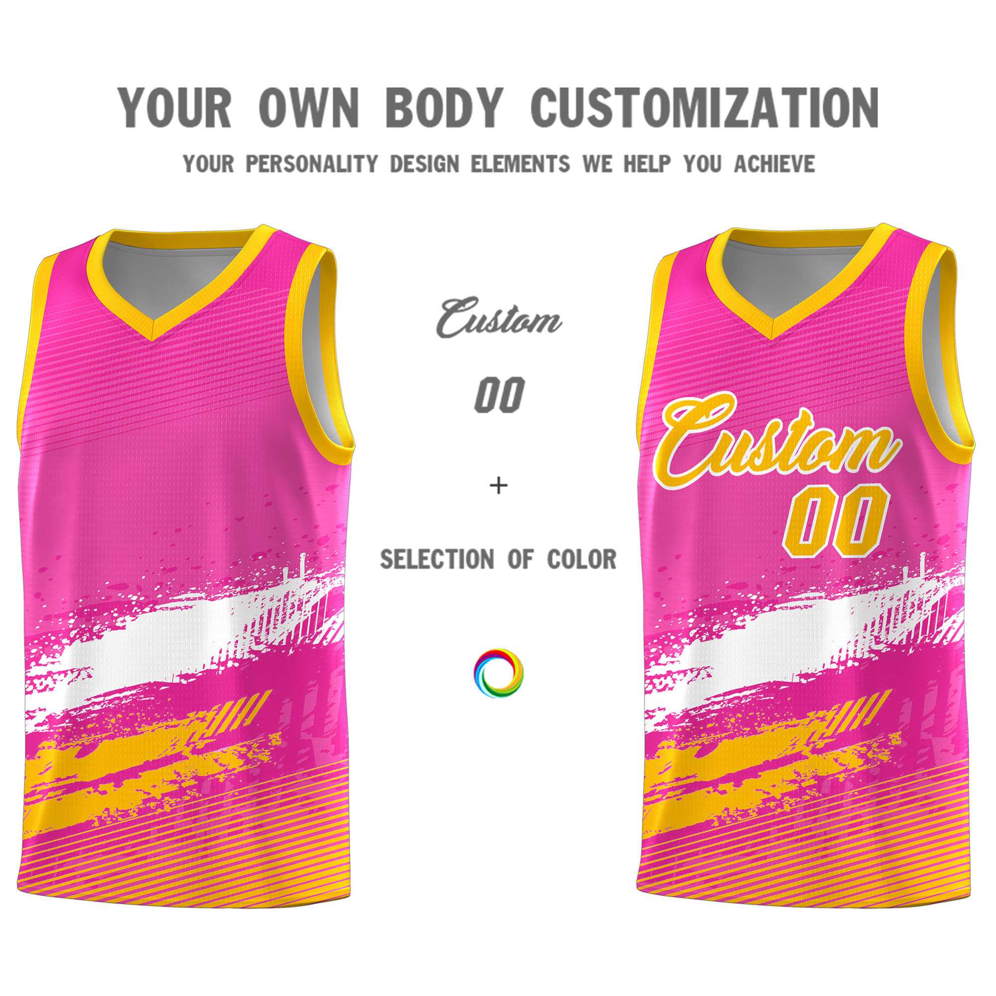 Custom Pink White and Yellow Graffiti Pattern Sports Uniform Basketball Jersey