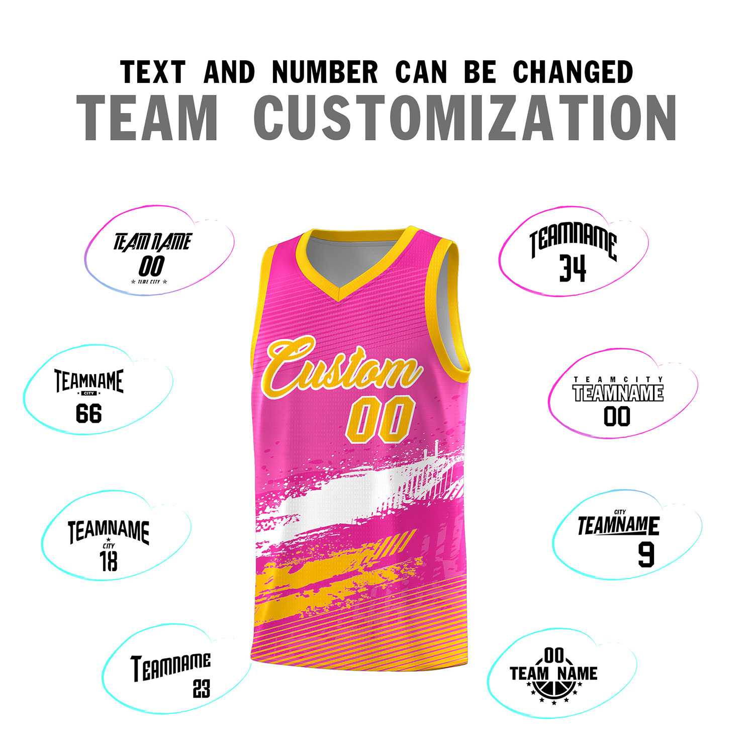 Custom Pink White and Yellow Graffiti Pattern Sports Uniform Basketball Jersey