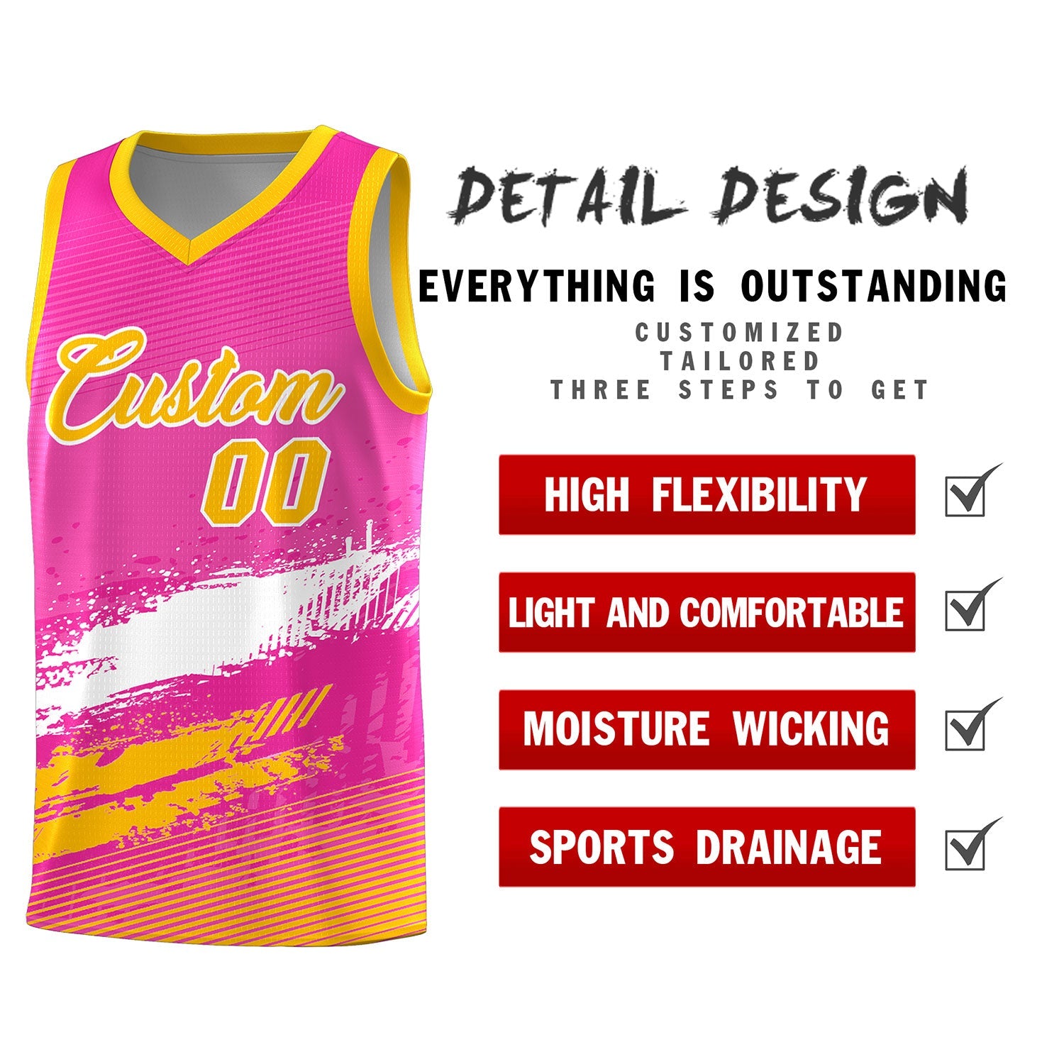 Custom Pink White and Yellow Graffiti Pattern Sports Uniform Basketball Jersey