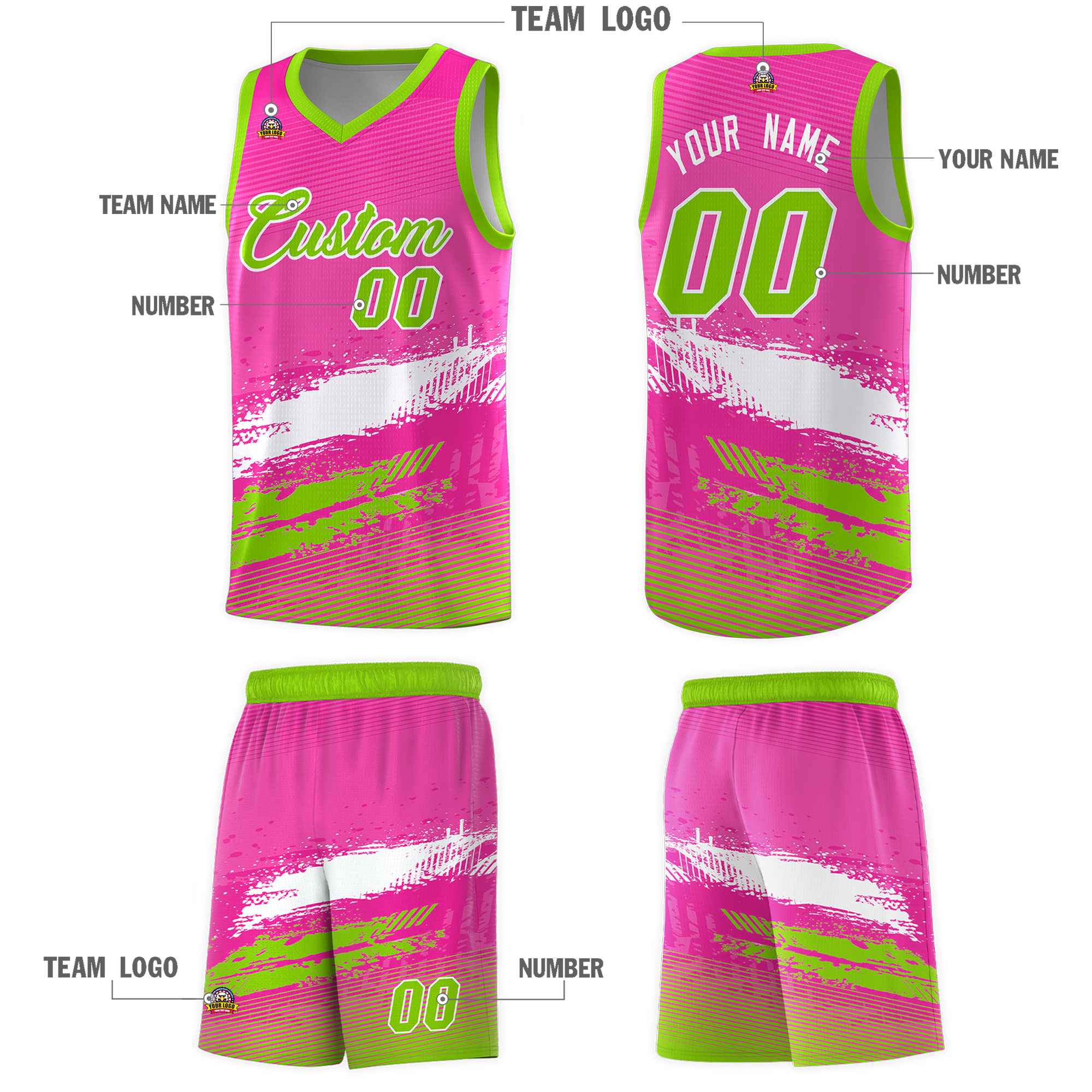 Custom Pink White and Neon Green Graffiti Pattern Sports Uniform Basketball Jersey