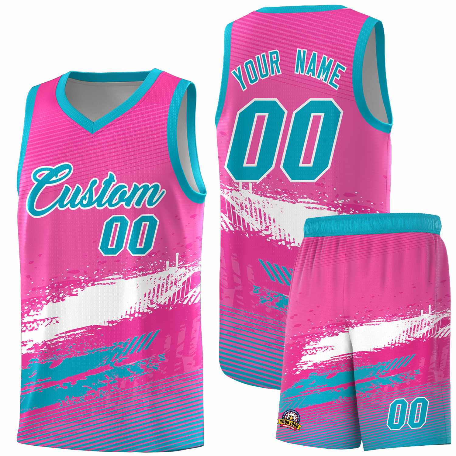 Custom Pink White and Sky Blue Graffiti Pattern Sports Uniform Basketball Jersey