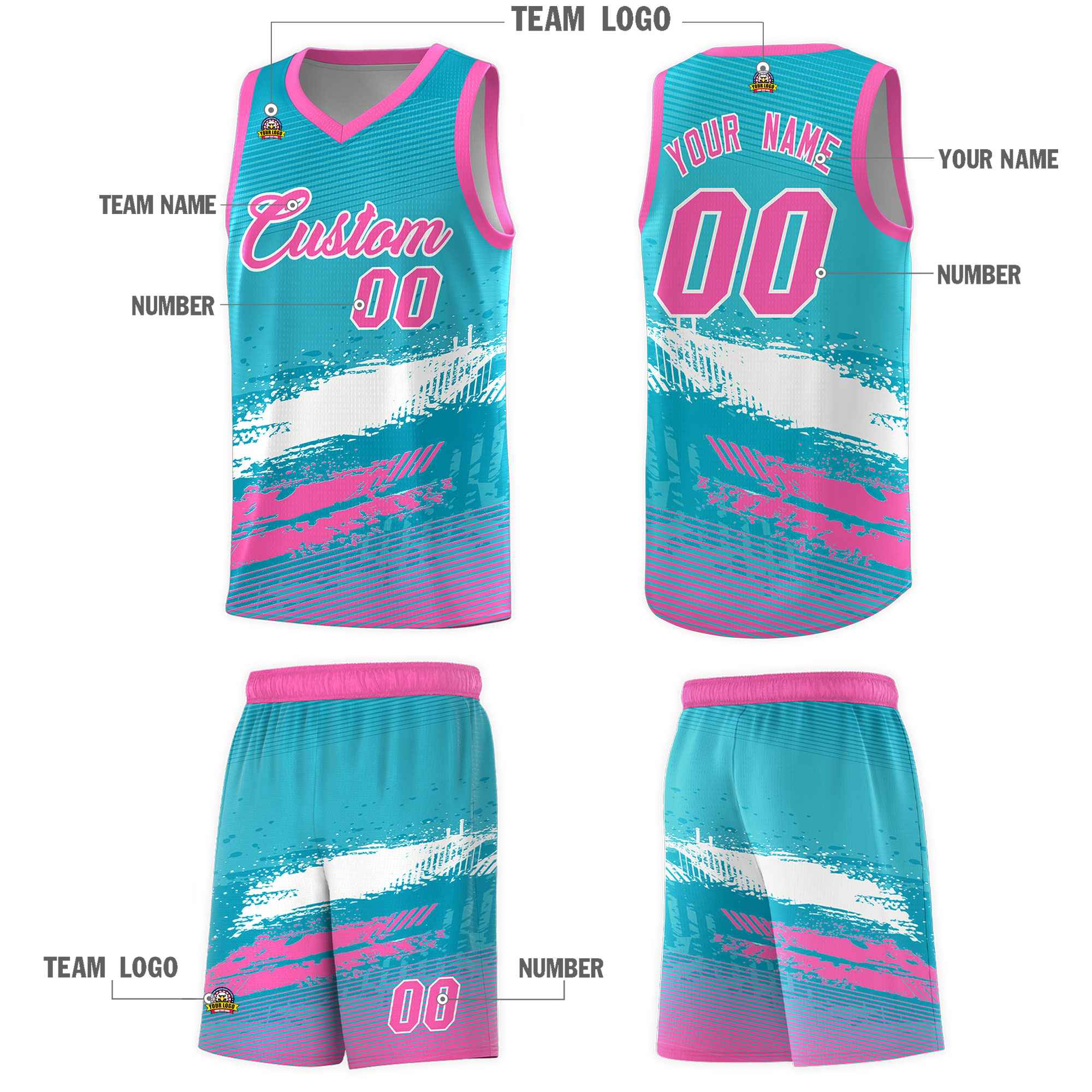 Custom Sky Blue White and Pink Graffiti Pattern Sports Uniform Basketball Jersey